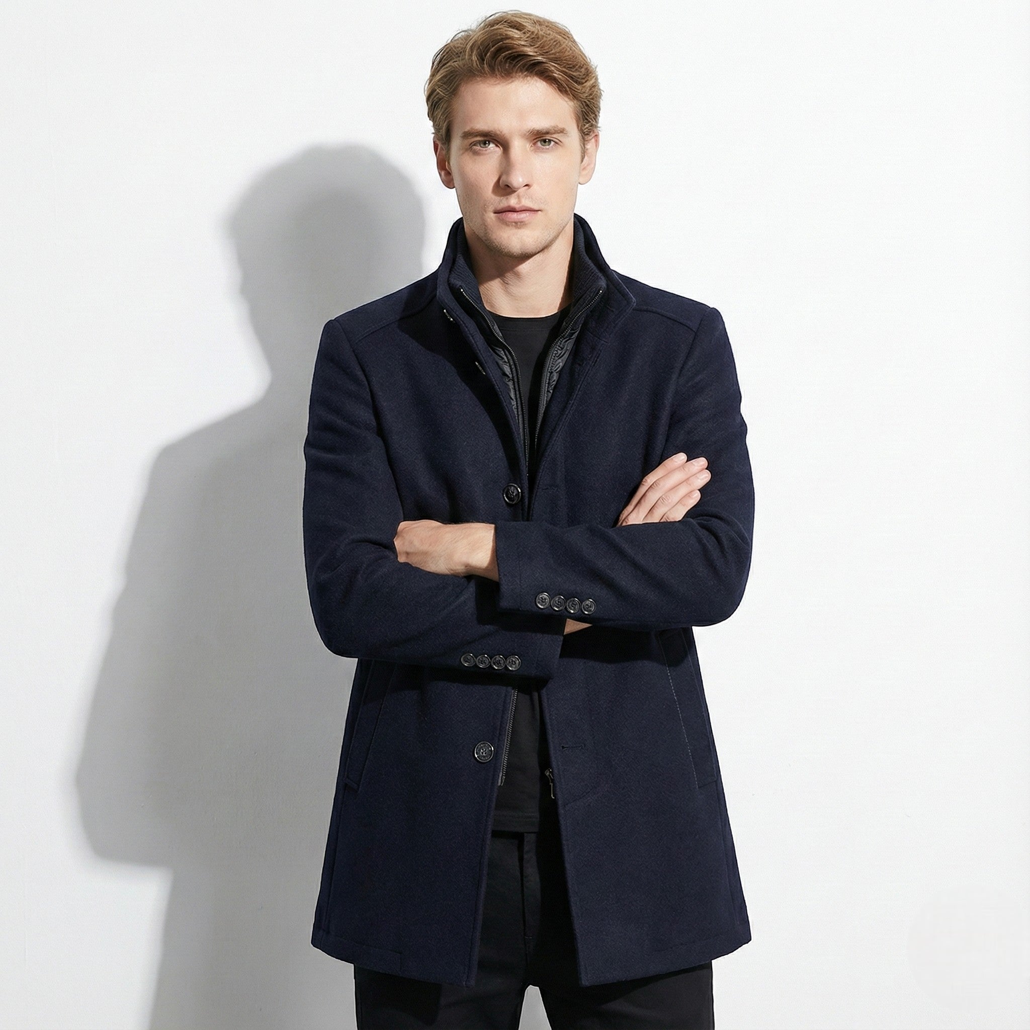 Stellan – Men’s Wool Jacket with Stand Collar - Overcoats - Navy Blue - Jones & Smith