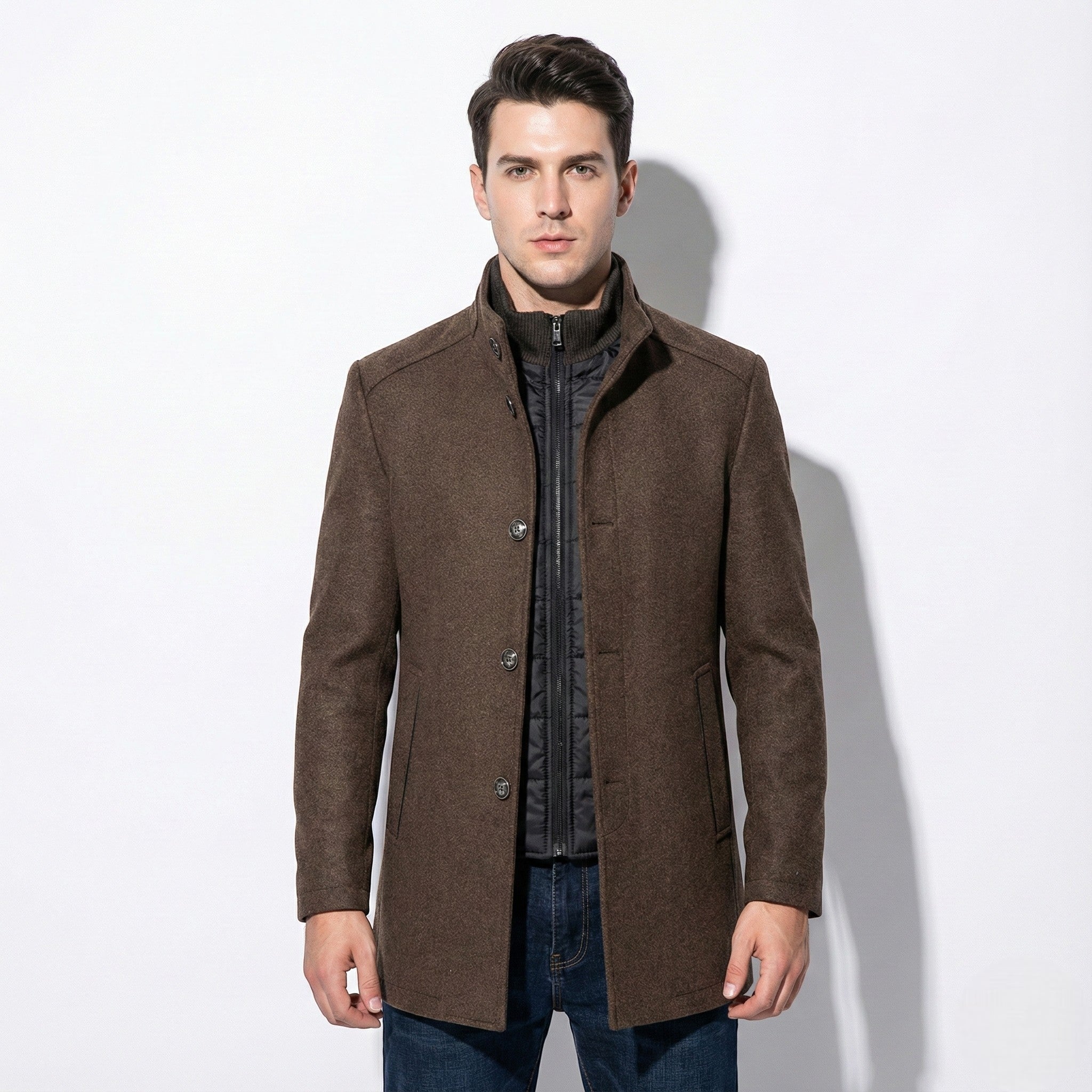 Stellan – Men’s Wool Jacket with Stand Collar - Overcoats - Camel - Jones & Smith