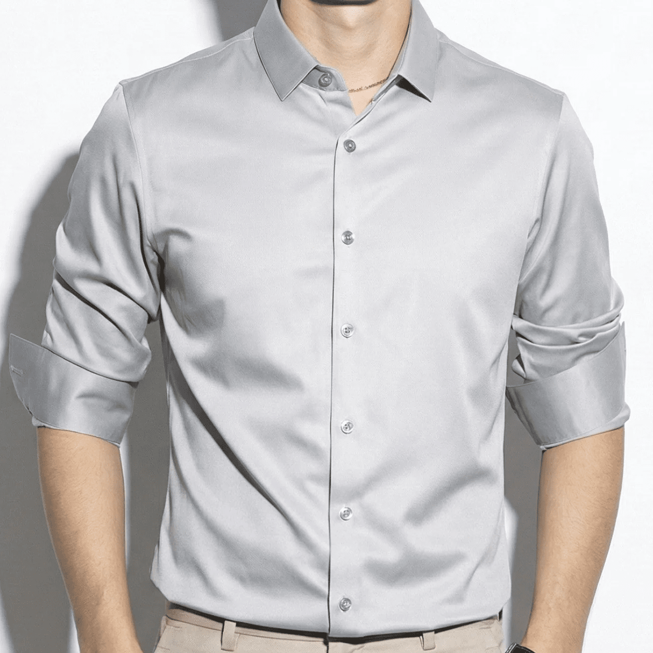 Stephen - Men's Silk Long Sleeve Shirt - Shirt - Light Grey - Jones & Smith