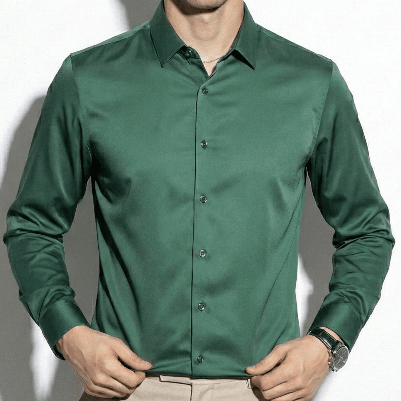 Stephen - Men's Silk Long Sleeve Shirt - Shirt - Dark Green - Jones & Smith