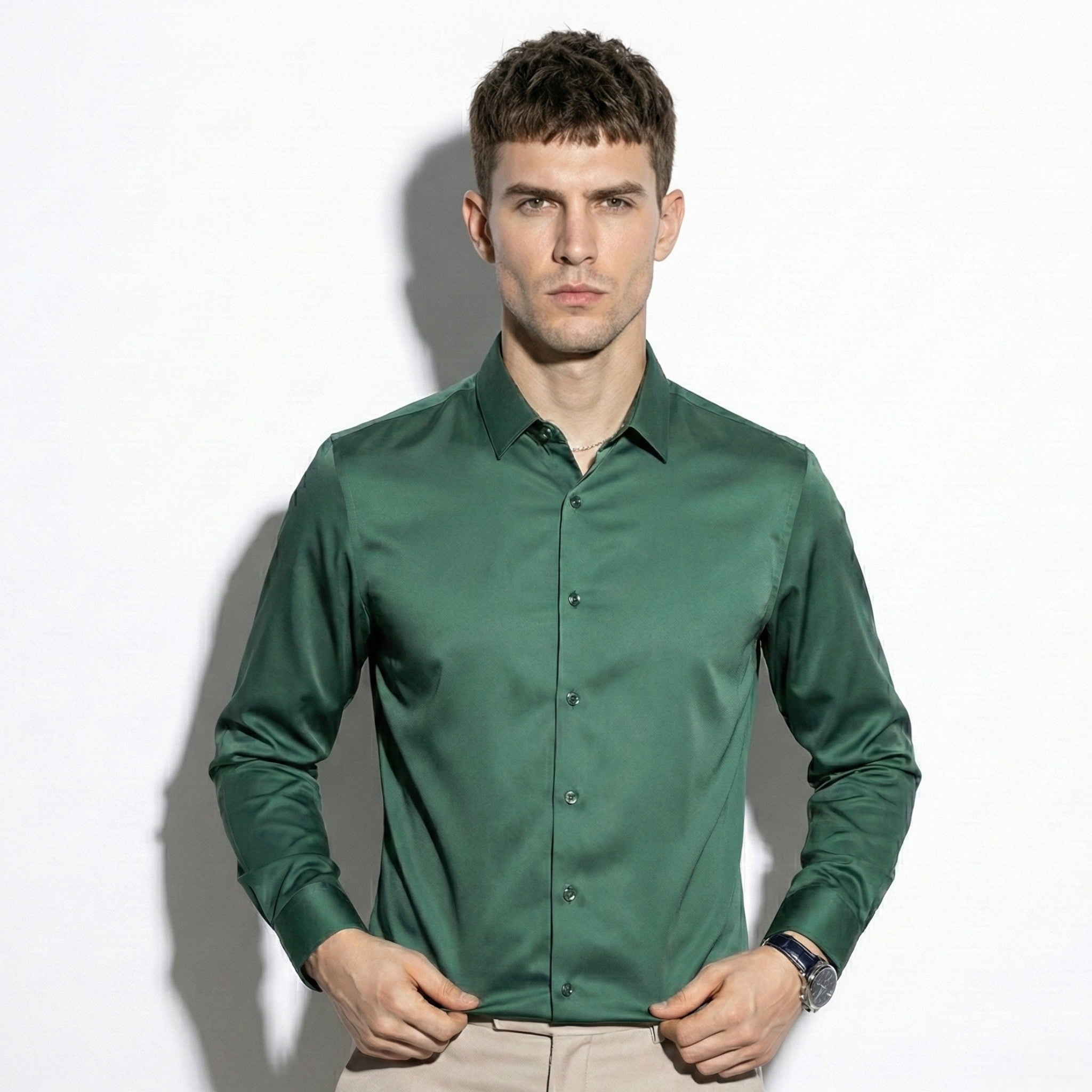 Stephen - Men's Silk Long Sleeve Shirt - Shirt - Dark Green - Jones & Smith
