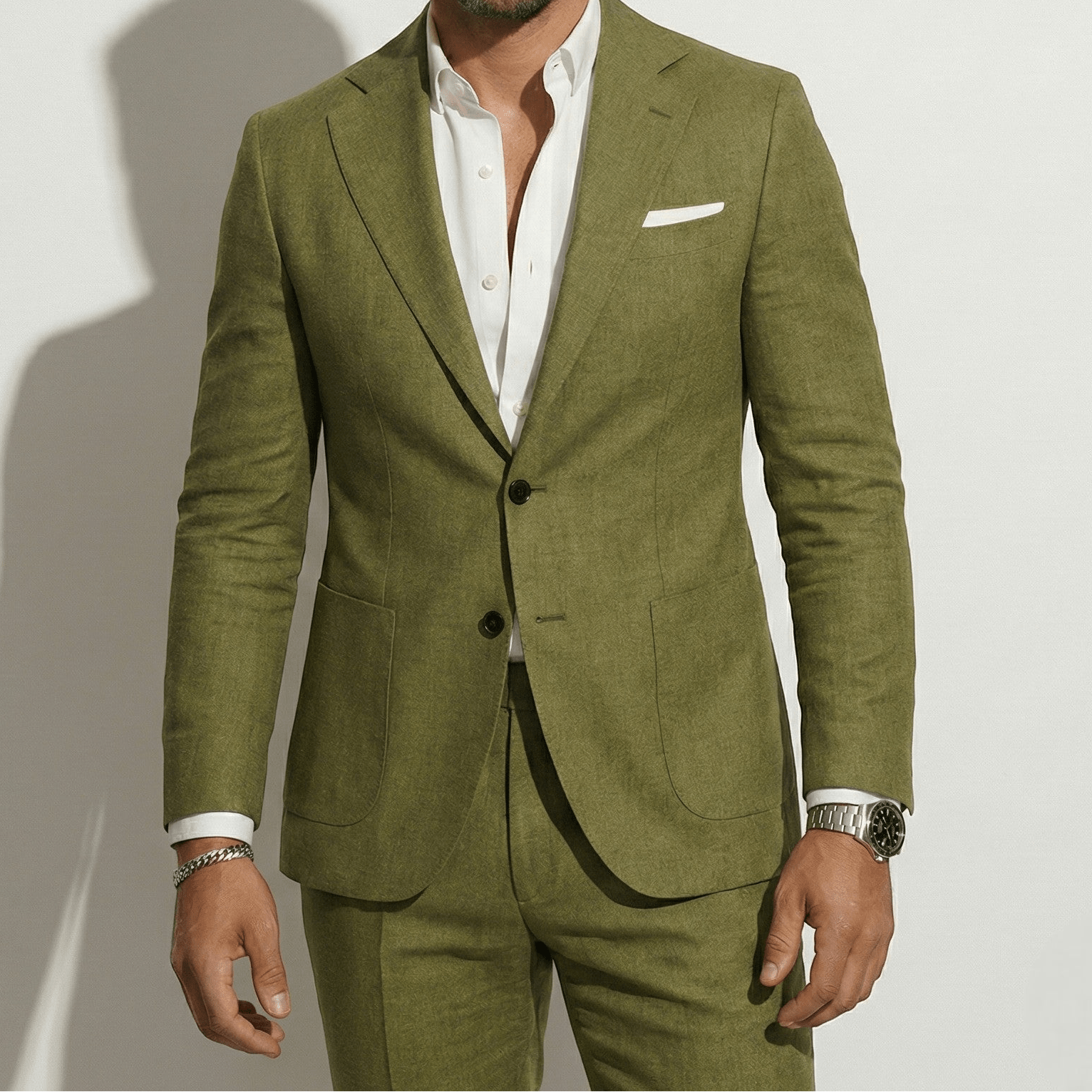 Thomas - Men's Slim Fit Textured Suit with Notch Lapel - Sets - Olive Green - Jones & Smith