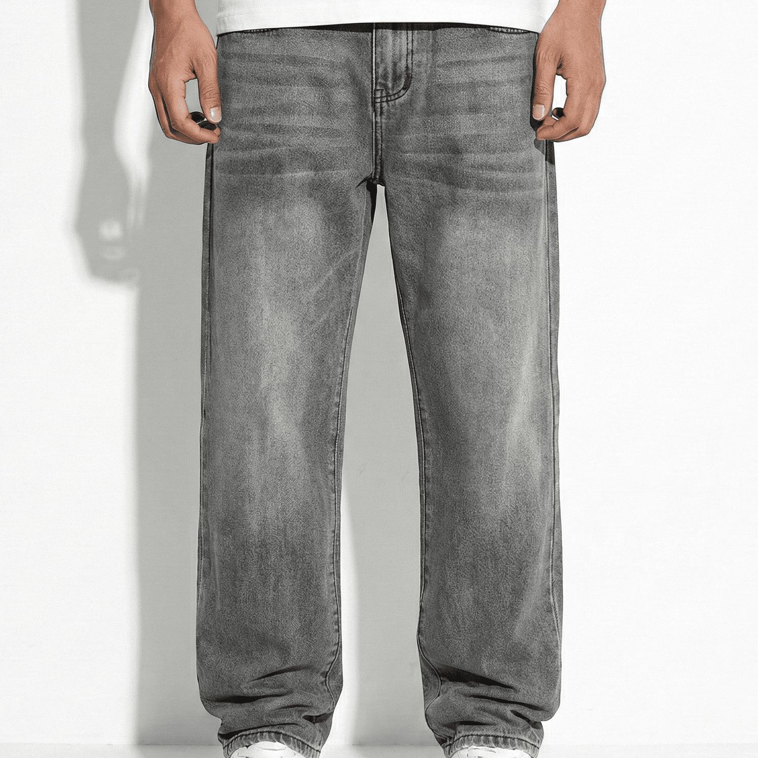 Timothy - Men's Washed Denim Trousers with Classic Straight Fit - Pants - Grey - Jones & Smith