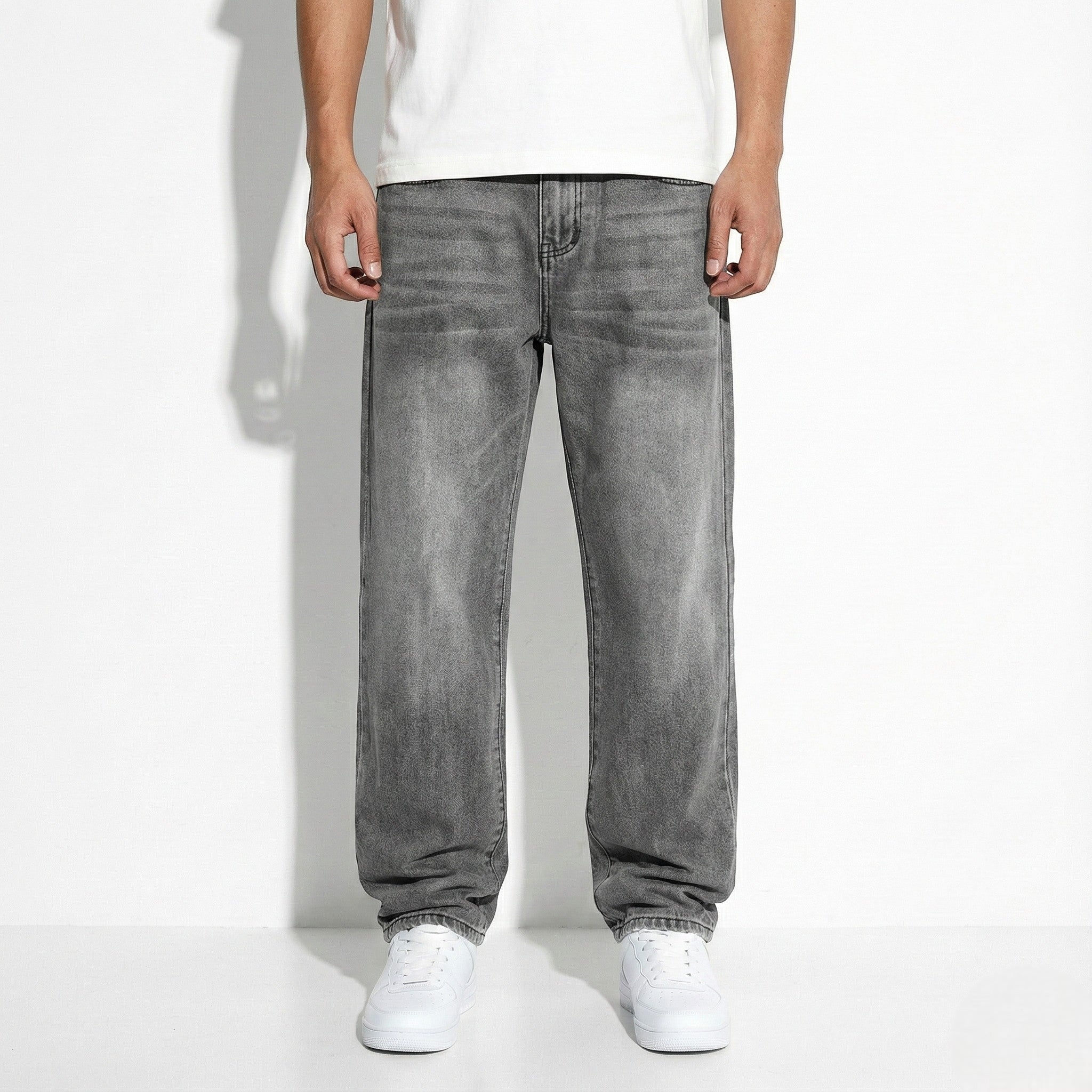 Timothy - Men's Washed Denim Trousers with Classic Straight Fit - Pants - Grey - Jones & Smith