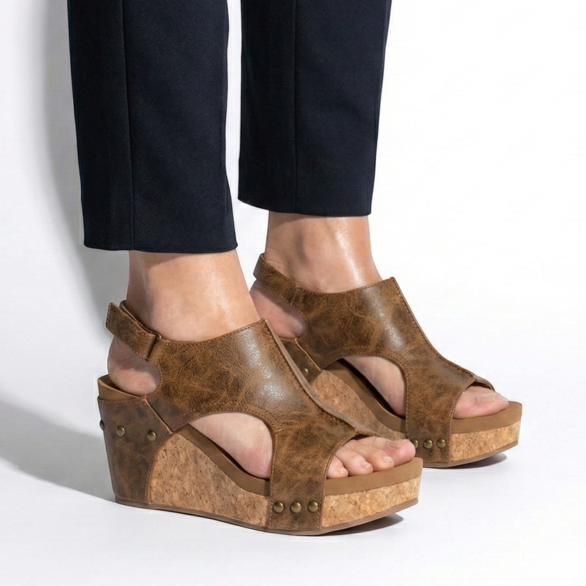 Valery - Women’s Open Toe Wedge Sandals with Adjustable Strap - Sandals - Brown - Jones & Smith