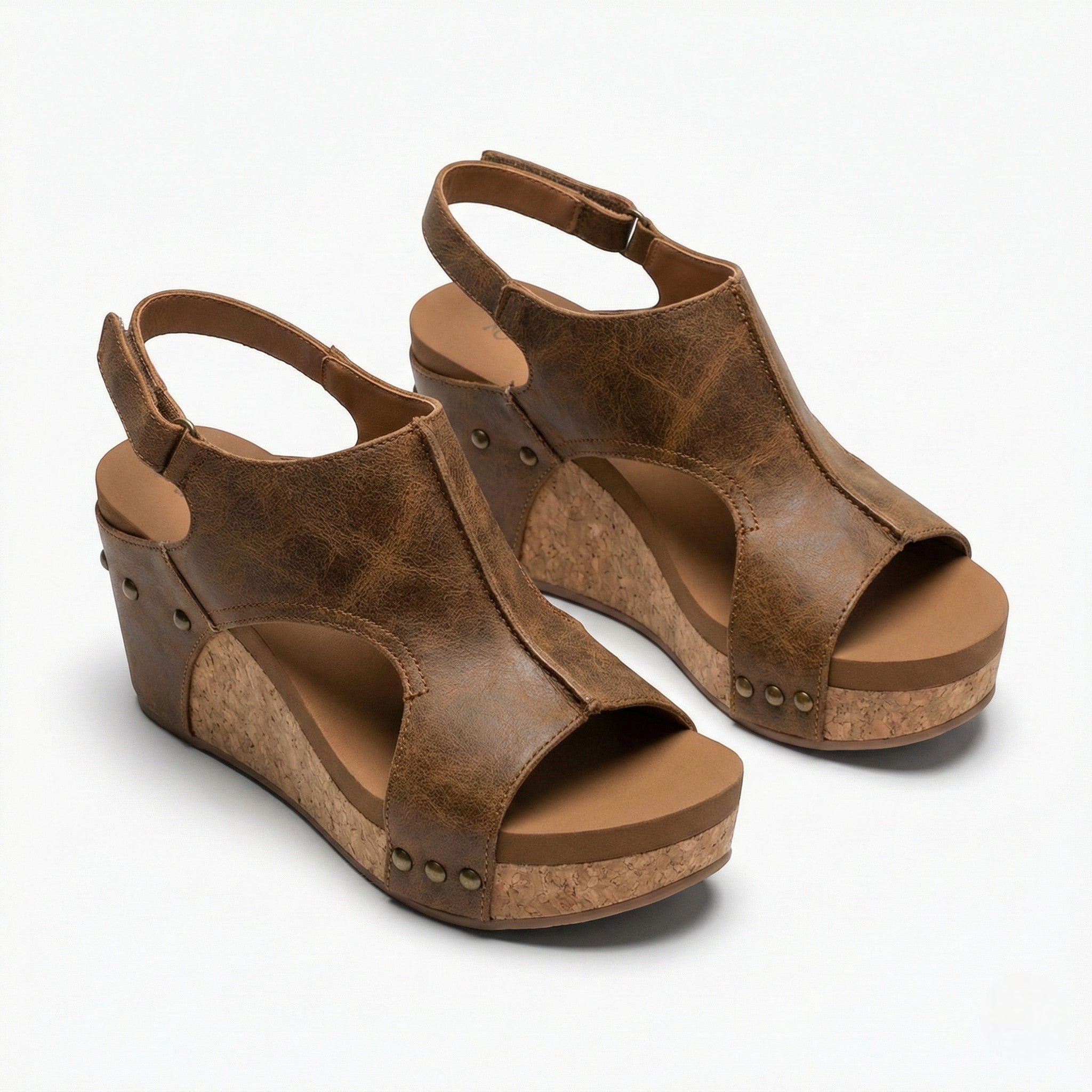 Valery - Women’s Open Toe Wedge Sandals with Adjustable Strap - Sandals - Brown - Jones & Smith