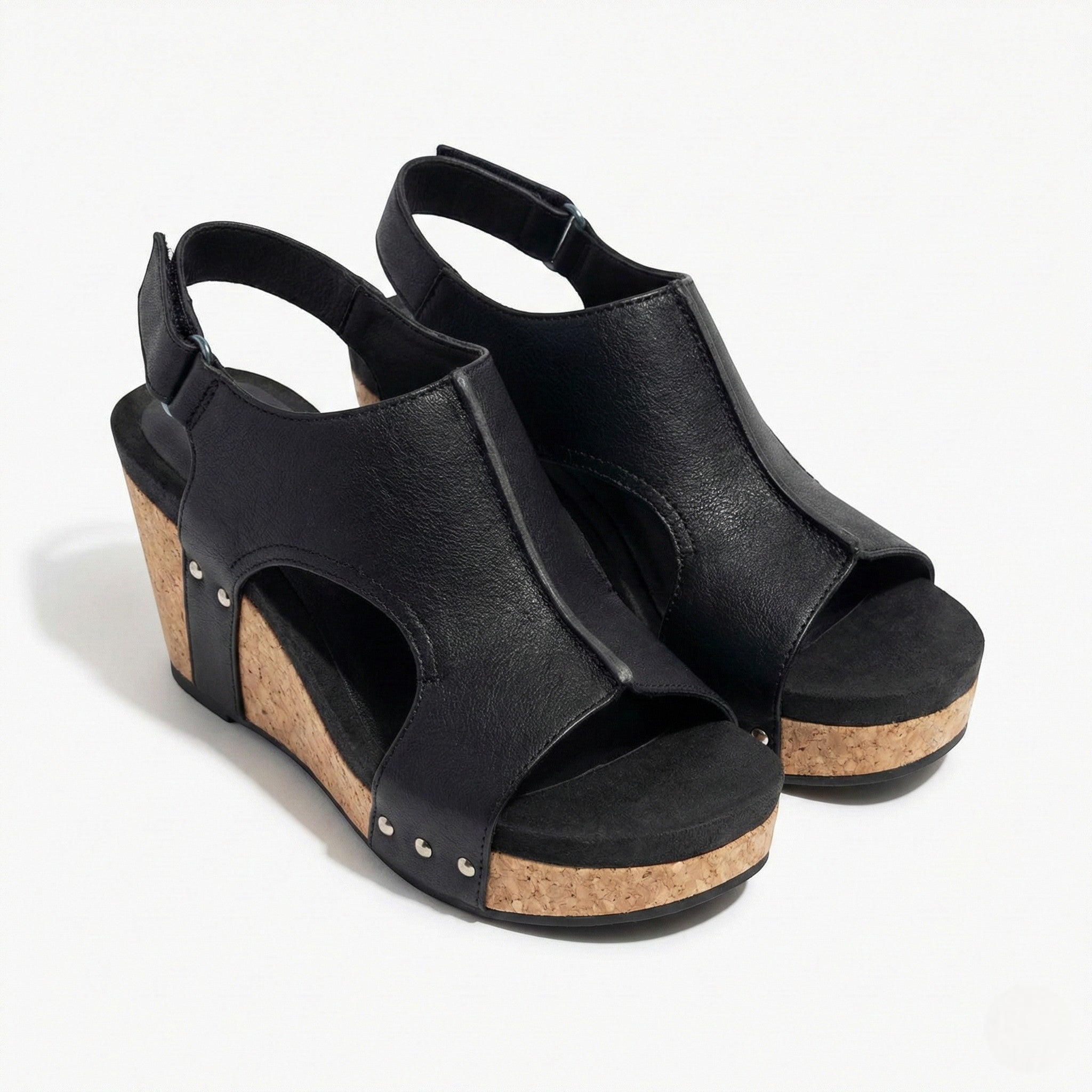 Valery - Women’s Open Toe Wedge Sandals with Adjustable Strap - Sandals - Black - Jones & Smith