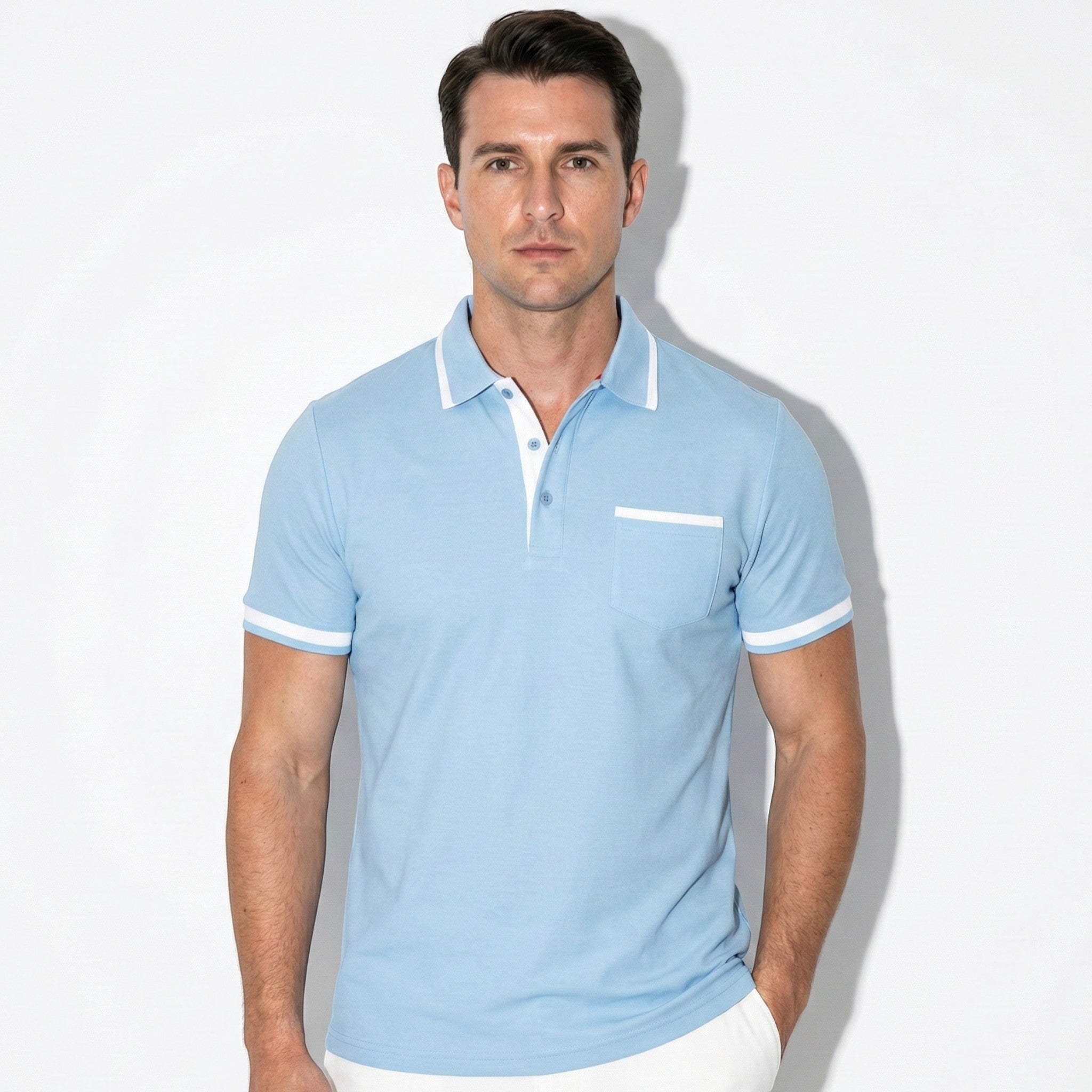 William - Men's Short Sleeve Polo Shirt with Contrast Trim - Men Shirt - Sky Blue - Jones & Smith