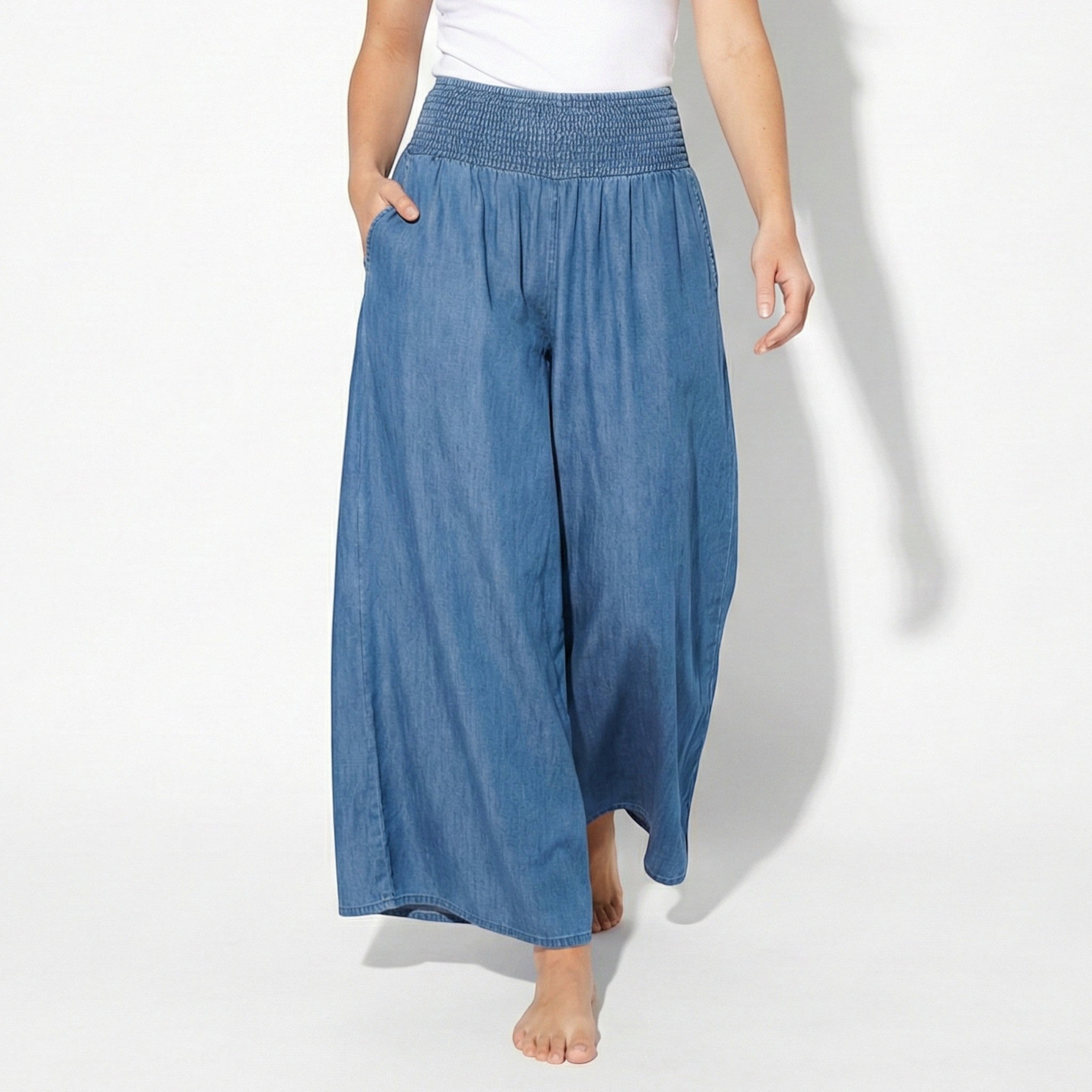 Alice - Women's High - Waisted Wide - Leg Trousers with Elastic Band - Trouser - Blue - Jones & Smith