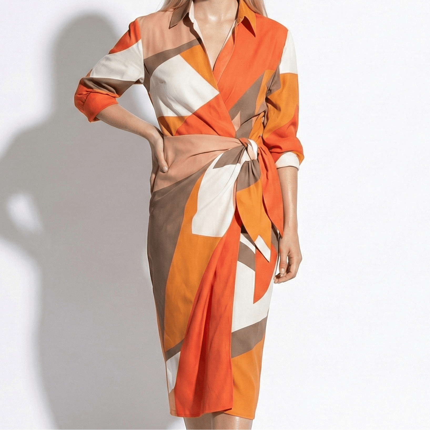 Alice - Women's Long Sleeve Wrap Shirt Dress with Vibrant Stripes - Long dress - Orange - Jones & Smith