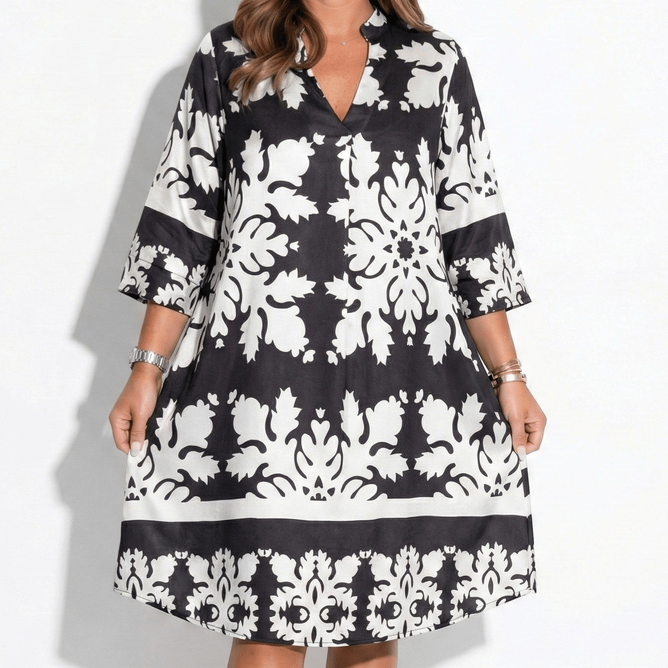 Alice - Women's Midi Tunic Dress with V - Neck and Long Sleeves - Dress - Black - Jones & Smith