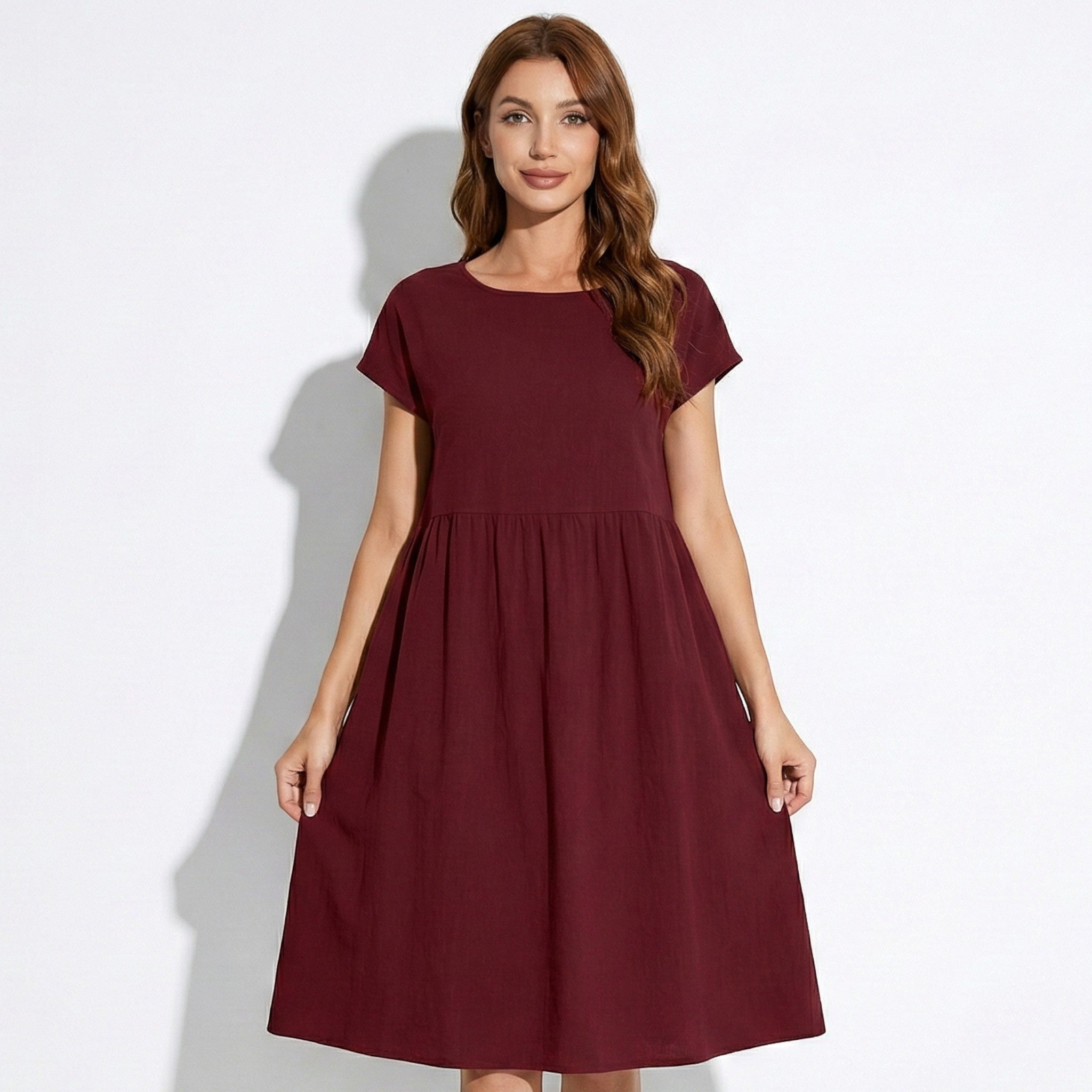 Alice - Women's Relaxed Fit Tunic Midi Dress - Women Dress - Burgundy - Jones & Smith