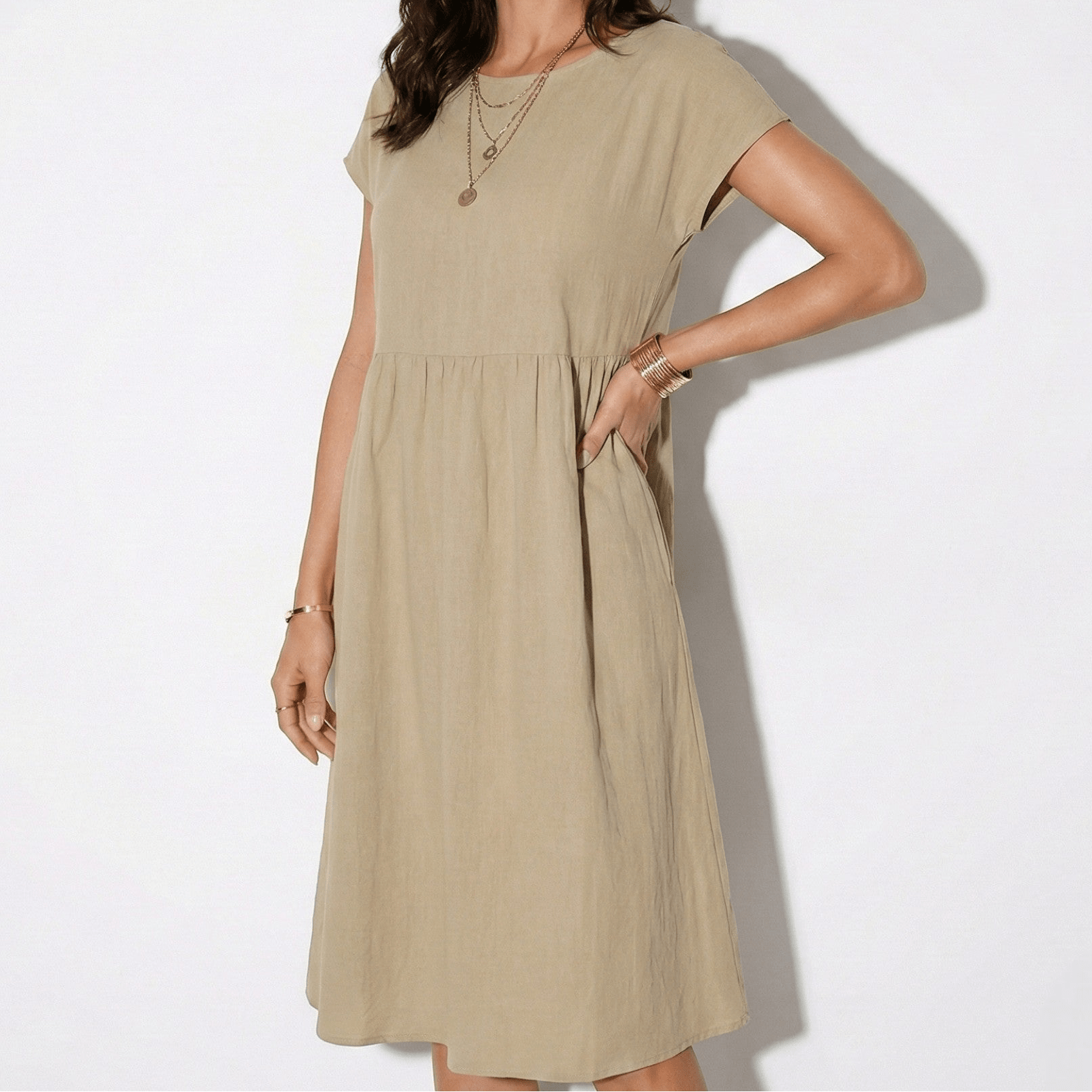 Alice - Women's Relaxed Fit Tunic Midi Dress - Women Dress - Khaki - Jones & Smith