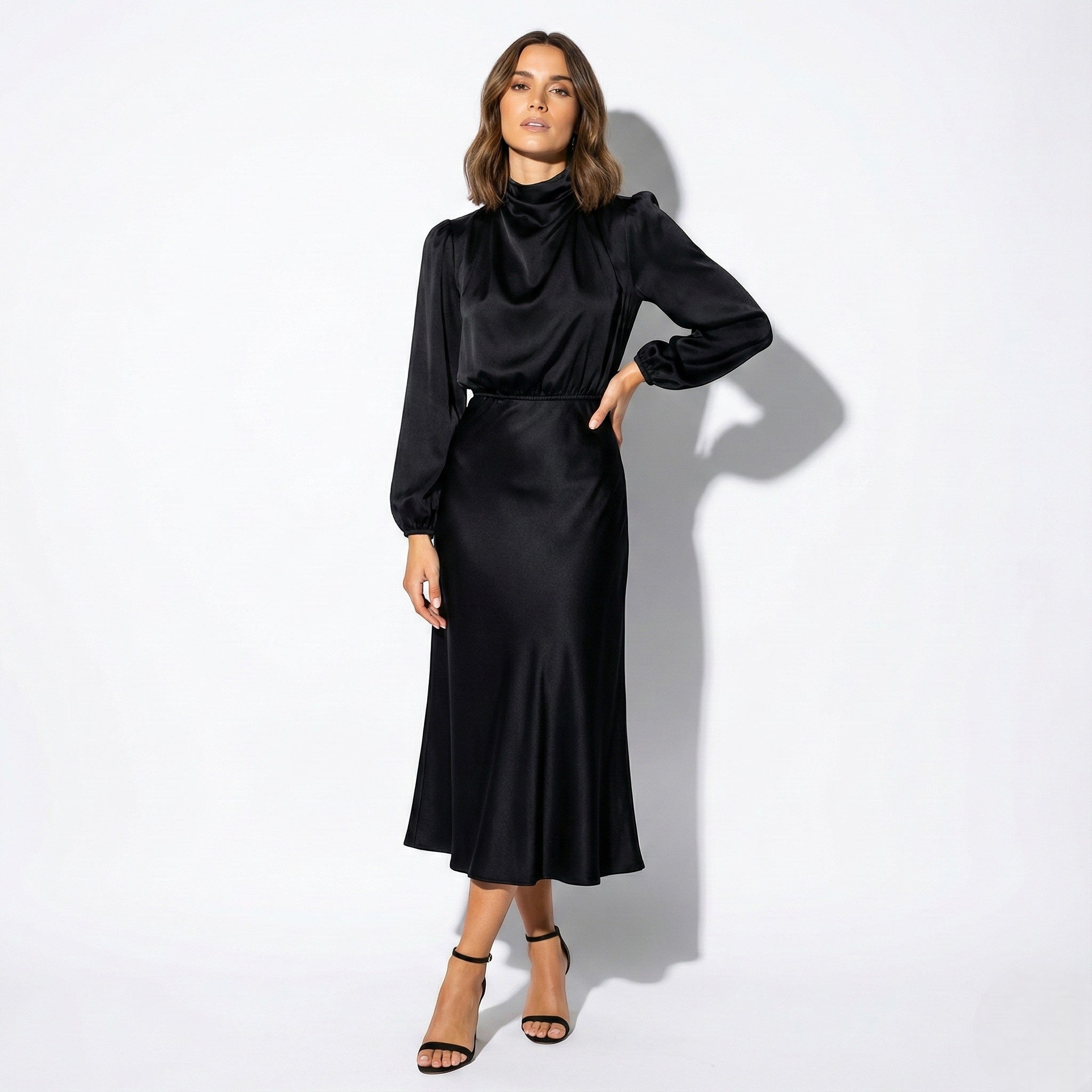 Alina – Women’s Silk Draped Midi Dress - Casual Dresses - Black - Jones & Smith
