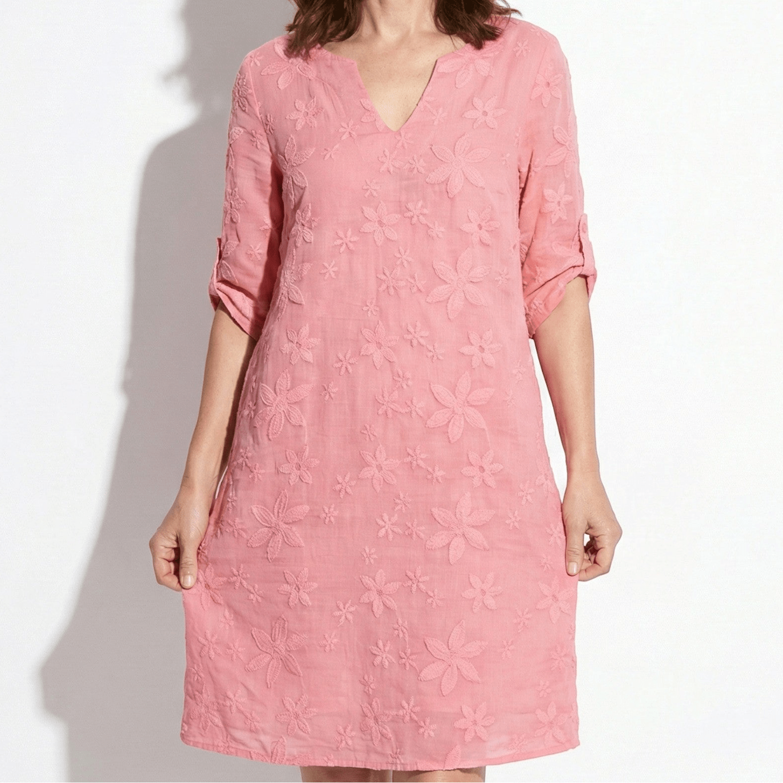 Amber - Women's Floral V - Neck Midi Dress with Half Sleeves - Dress - Pink - Jones & Smith