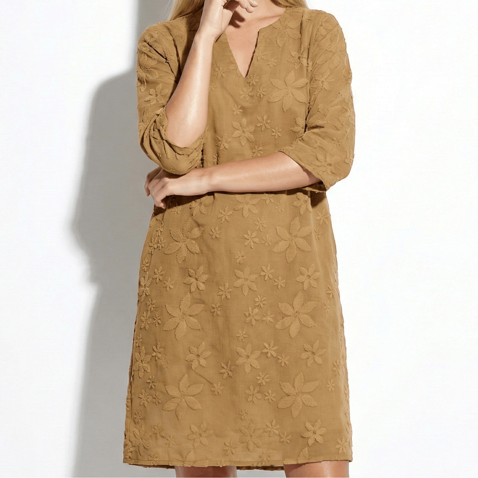 Amber - Women's Floral V - Neck Midi Dress with Half Sleeves - Dress - Khaki - Jones & Smith