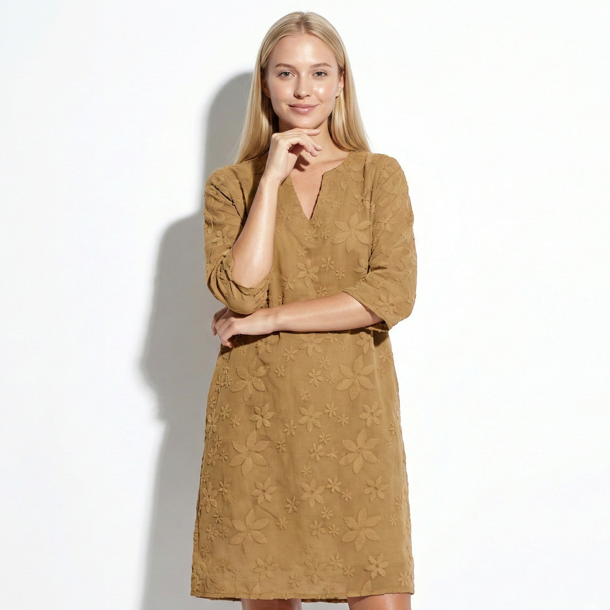 Amber - Women's Floral V - Neck Midi Dress with Half Sleeves - Dress - Khaki - Jones & Smith