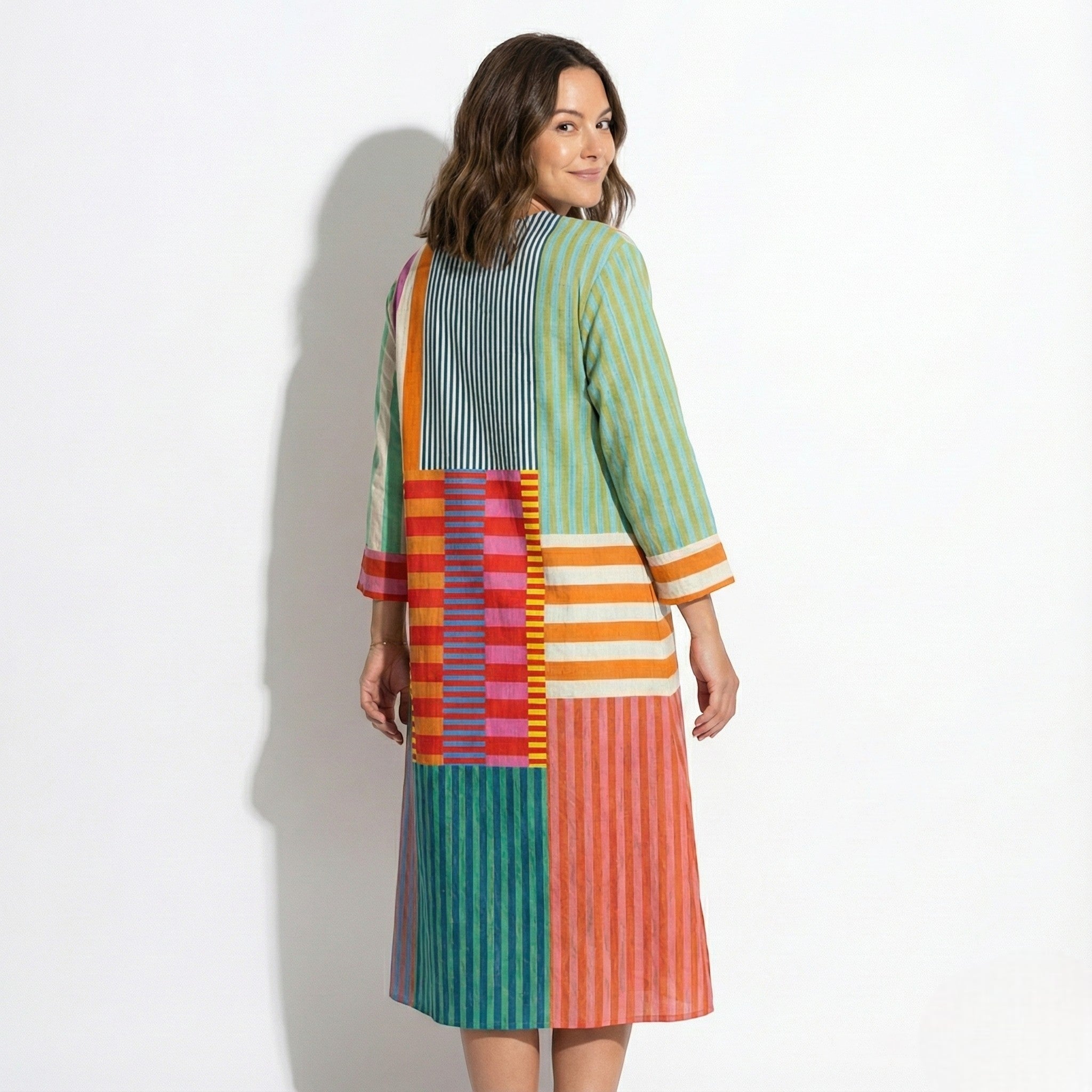 Amber - Women's Long Sleeve Boho Art Maxi Dress - Dresses - Rainbow Patch Stripe - Jones & Smith