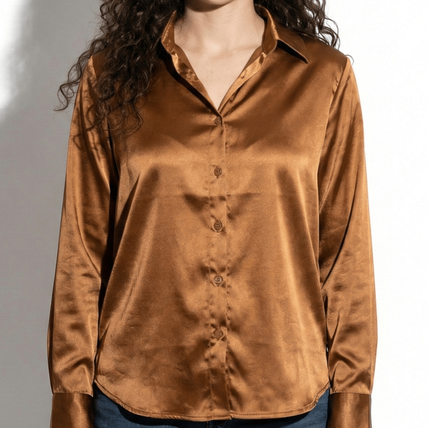 Amber - Women's Long Sleeve Button - Up Blouse with Refined Finish - Blouses - Brown - Jones & Smith