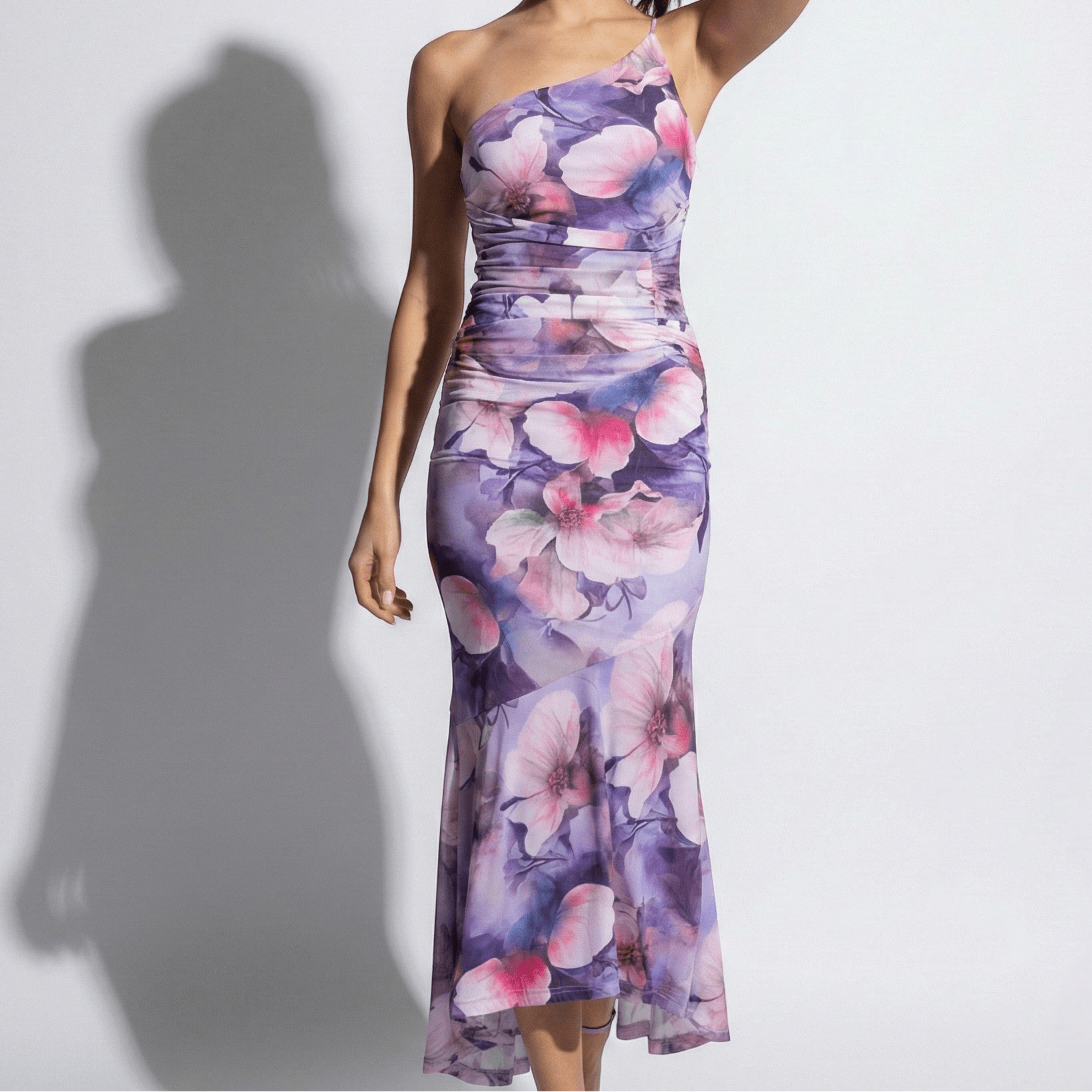 Amelia - Women’s Floral Maxi Dress with One Shoulder Design - Dresses - Purple - Jones & Smith