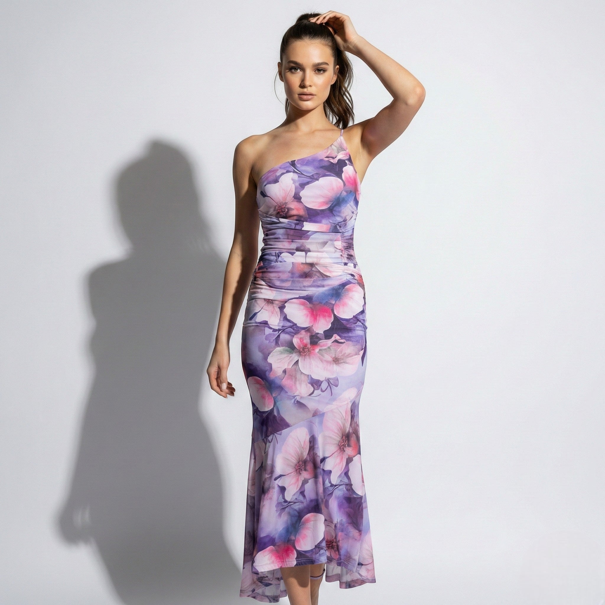 Amelia - Women’s Floral Maxi Dress with One Shoulder Design - Dresses - Purple - Jones & Smith