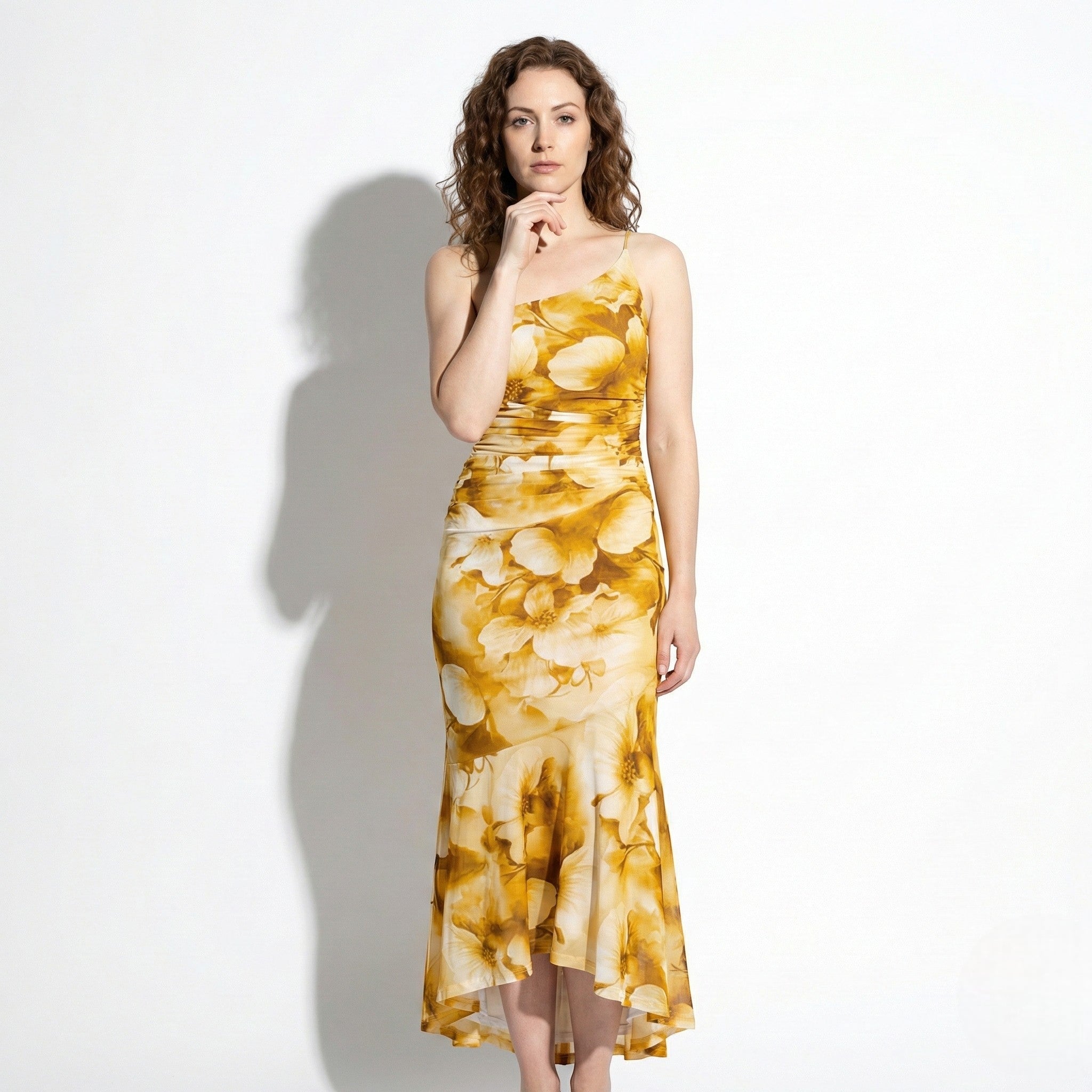 Amelia - Women’s Floral Maxi Dress with One Shoulder Design - Dresses - Yellow - Jones & Smith