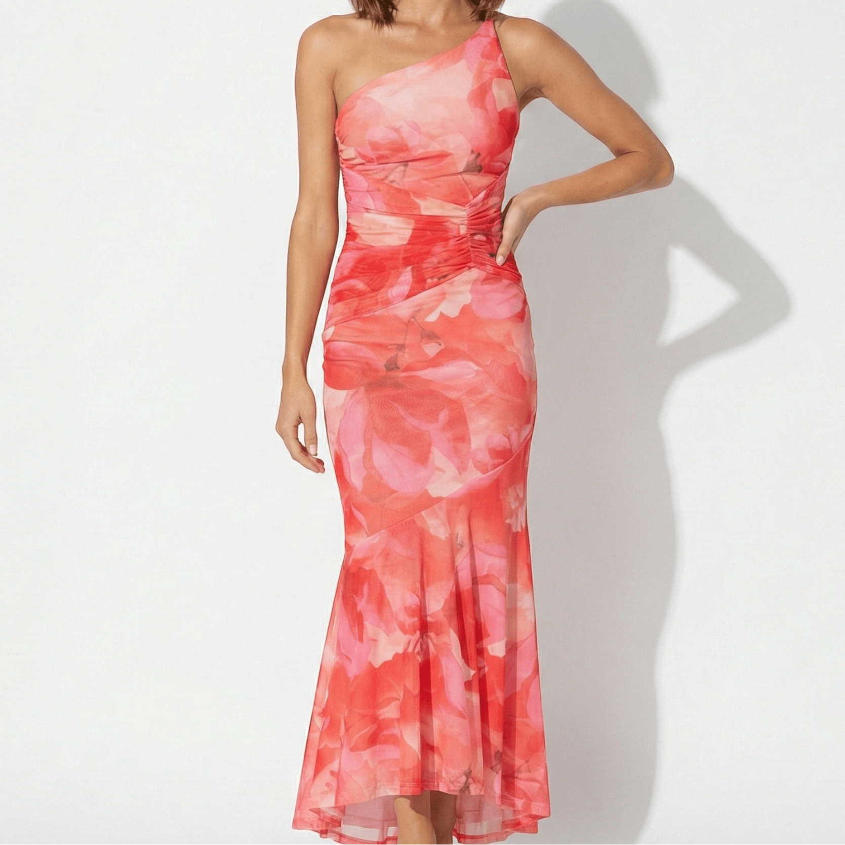 Amelia - Women’s Floral Maxi Dress with One Shoulder Design - Dresses - Pink - Jones & Smith
