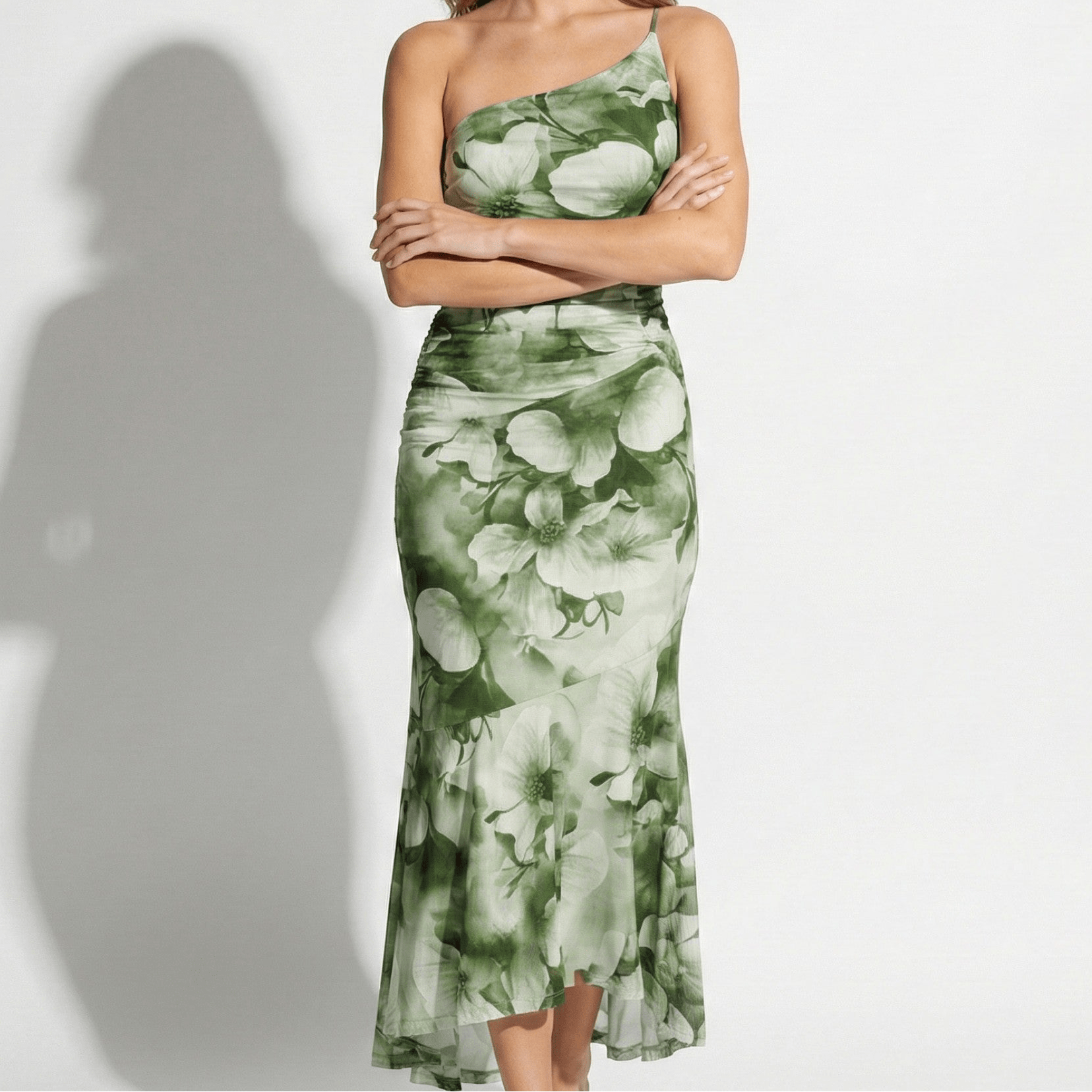 Amelia - Women’s Floral Maxi Dress with One Shoulder Design - Dresses - Green - Jones & Smith