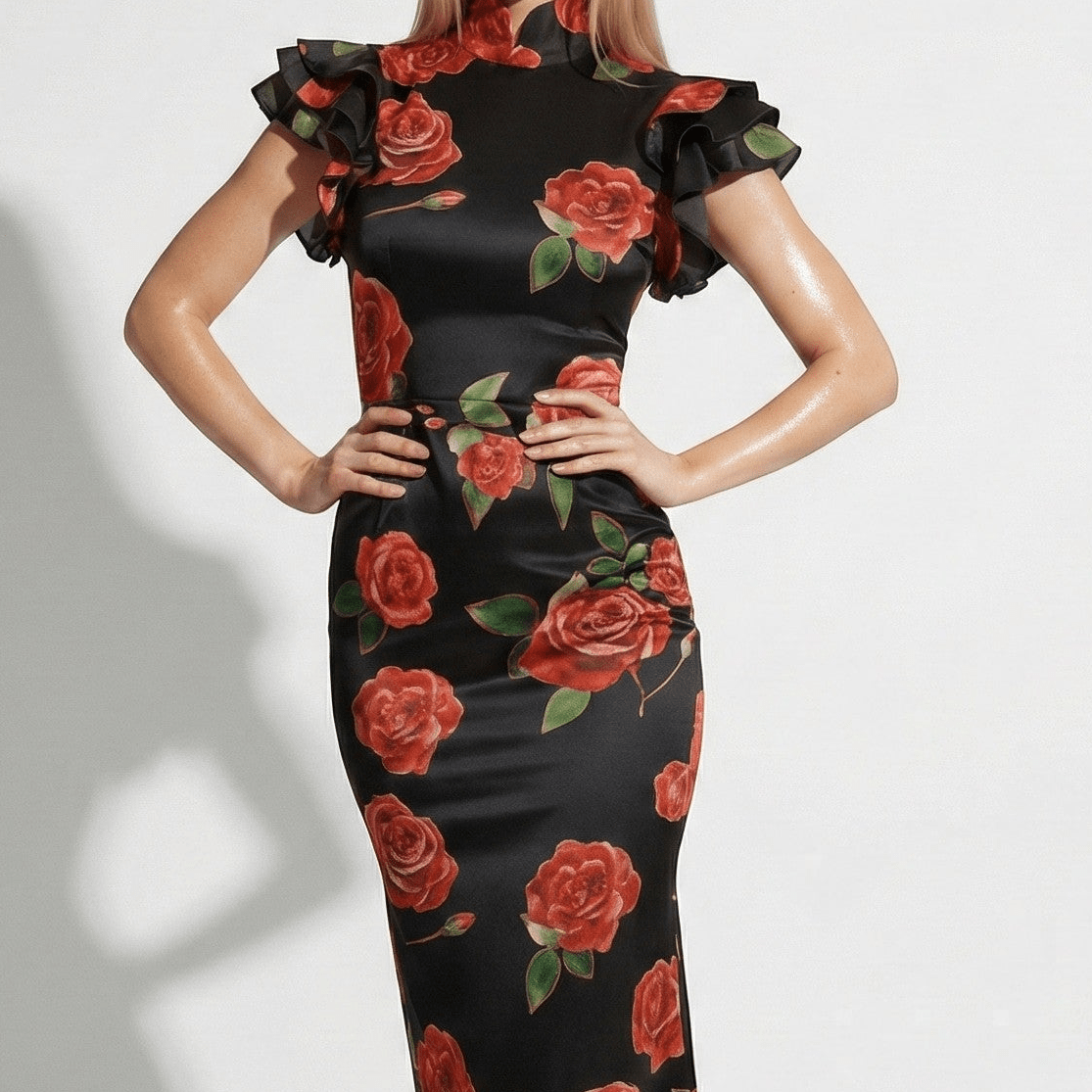 Amelia - Women's Floral Maxi Dress with Ruffle Sleeves - Dresses - Black - Jones & Smith