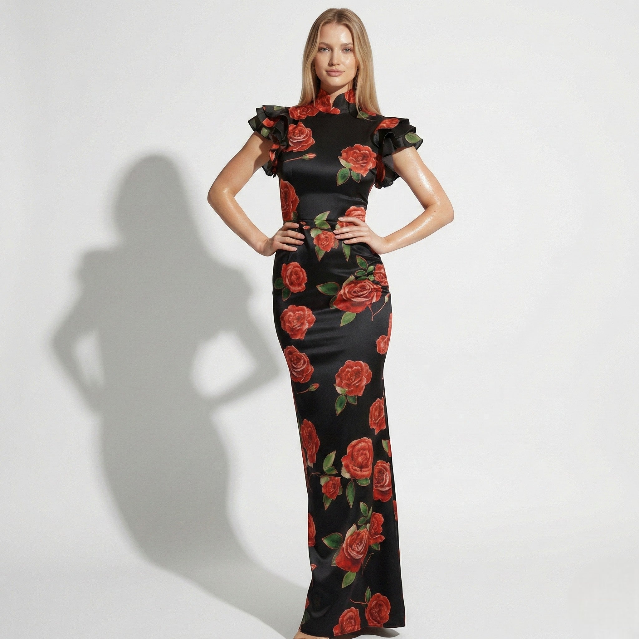 Amelia - Women's Floral Maxi Dress with Ruffle Sleeves - Dresses - Black - Jones & Smith
