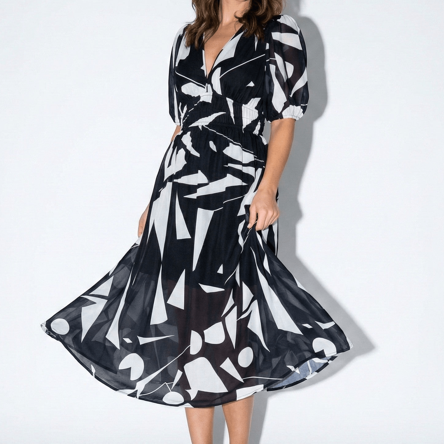 Amelia - Women's Floral Midi Dress with Puff Sleeves - Dresses - Black - Jones & Smith