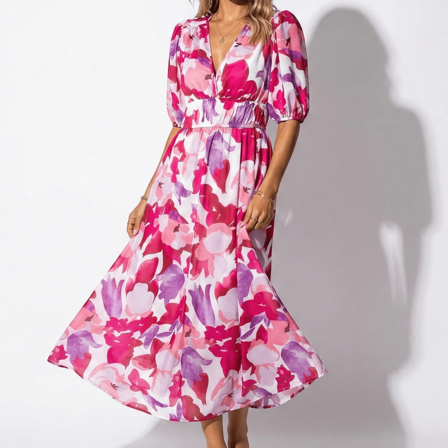 Amelia - Women's Floral Midi Dress with Puff Sleeves - Dresses - Pink - Jones & Smith