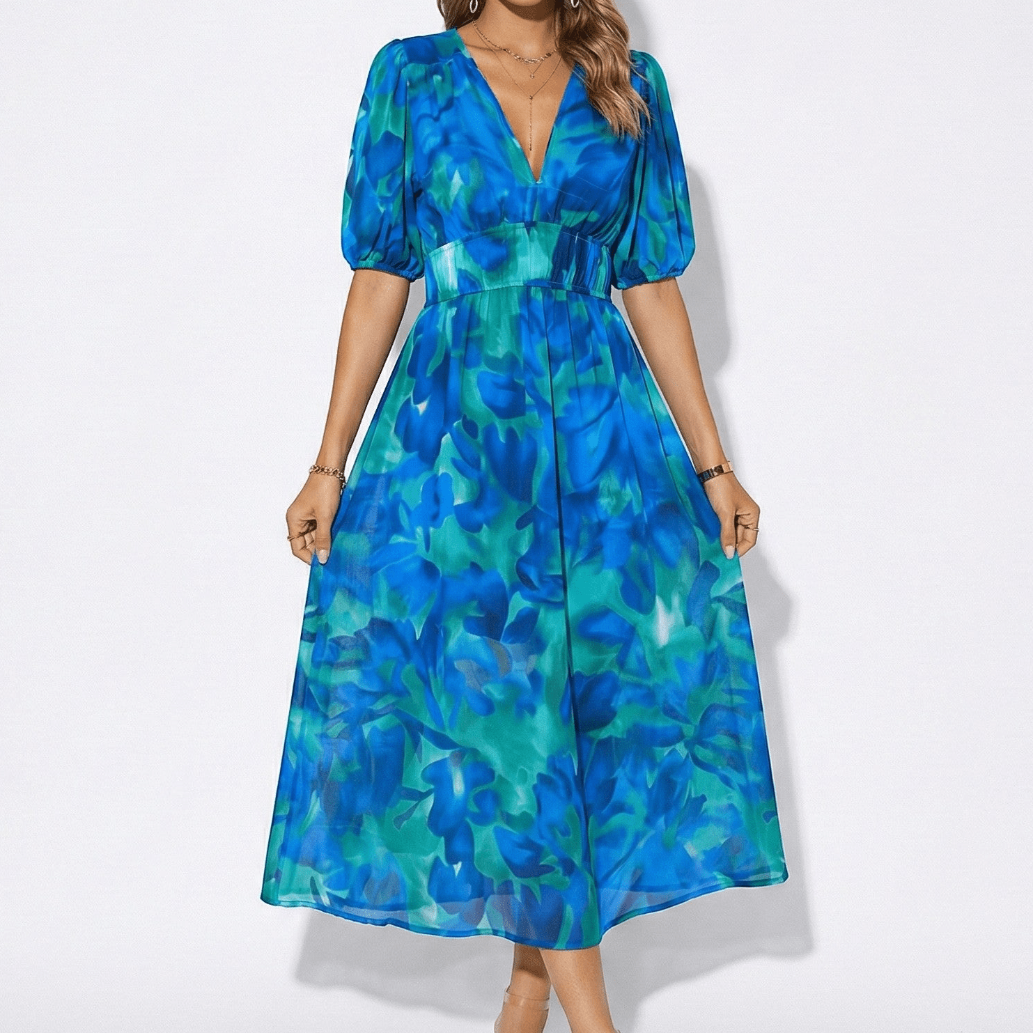 Amelia - Women's Floral Midi Dress with Puff Sleeves - Dresses - Blue - Jones & Smith