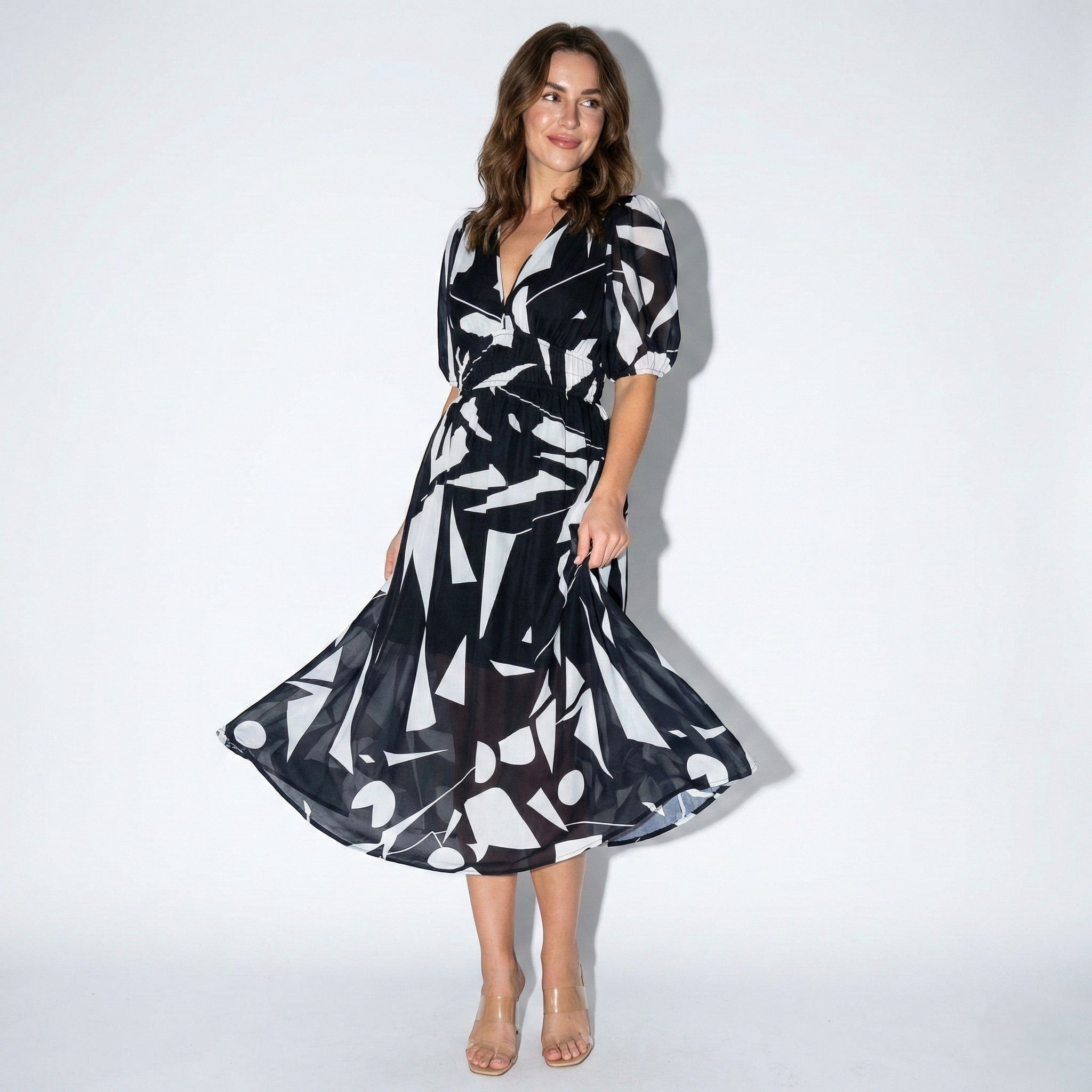 Amelia - Women's Floral Midi Dress with Puff Sleeves - Dresses - Black - Jones & Smith