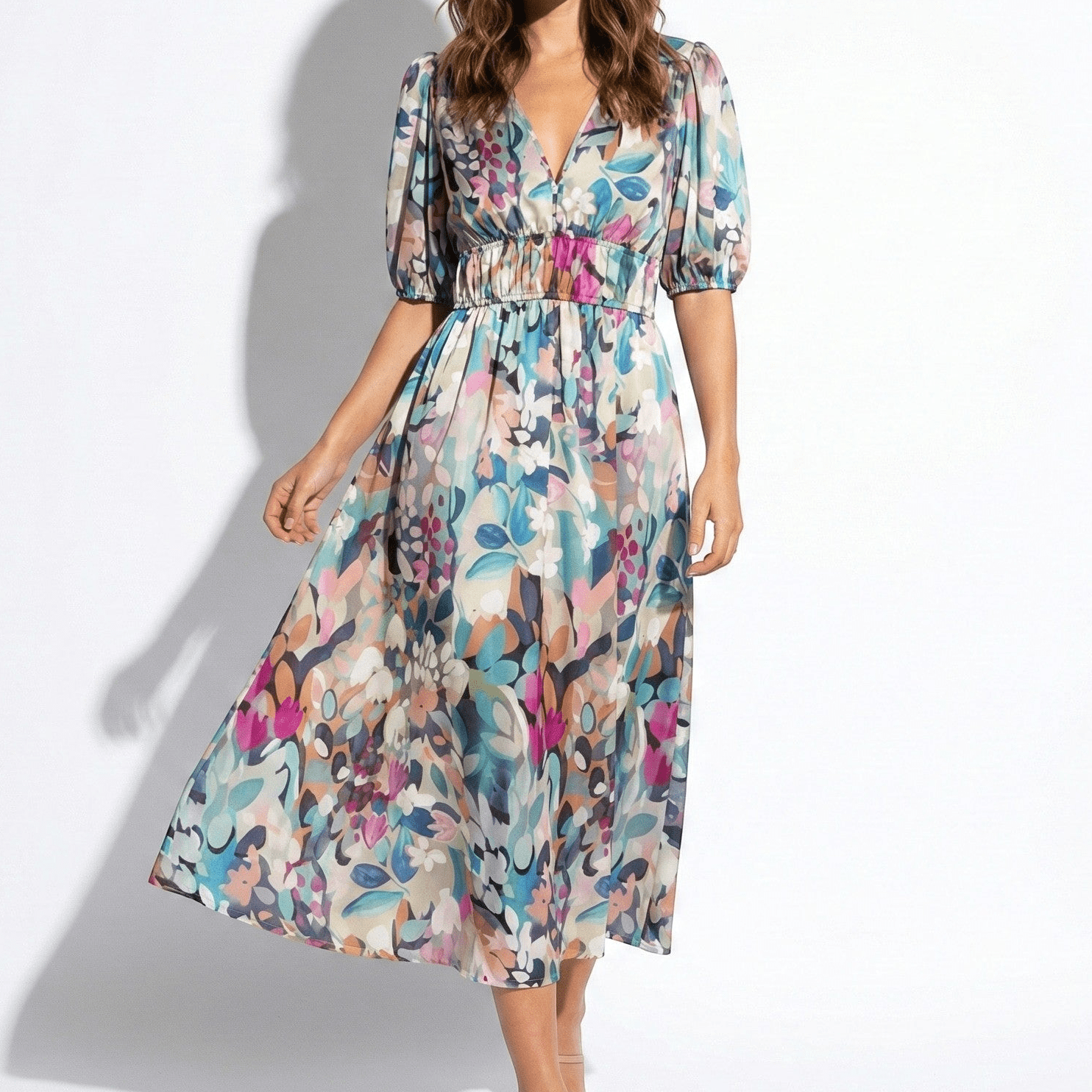 Amelia - Women's Floral Midi Dress with Puff Sleeves - Dresses - White - Jones & Smith