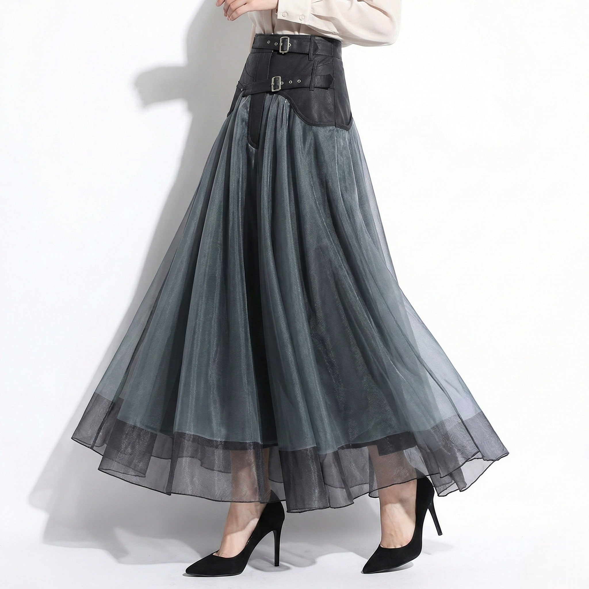 Amelia - Women's High - Waisted Mesh Tulle Skirt with Buckle Detail - Skirts - Grey - Jones & Smith