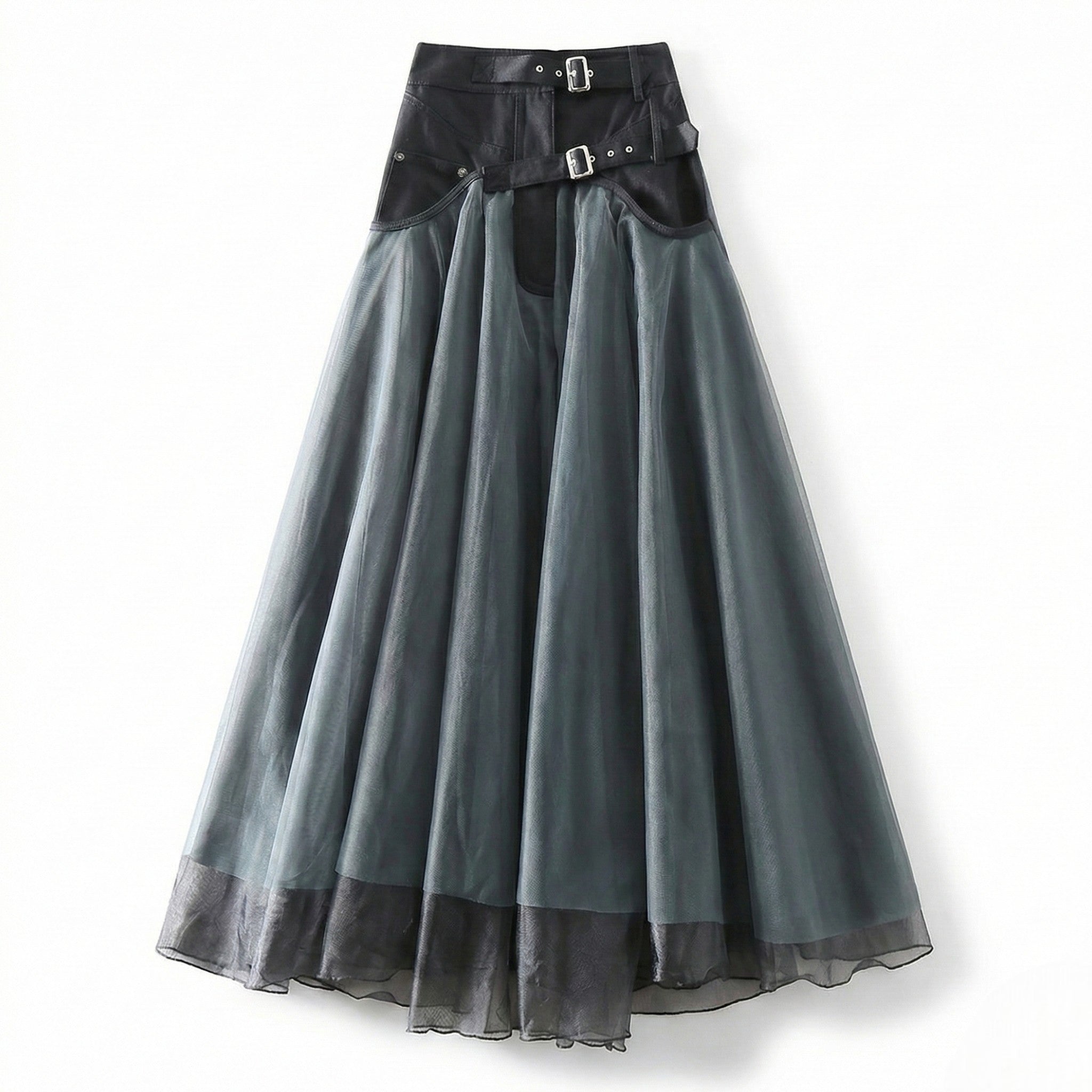 Amelia - Women's High - Waisted Mesh Tulle Skirt with Buckle Detail - Skirts - Grey - Jones & Smith