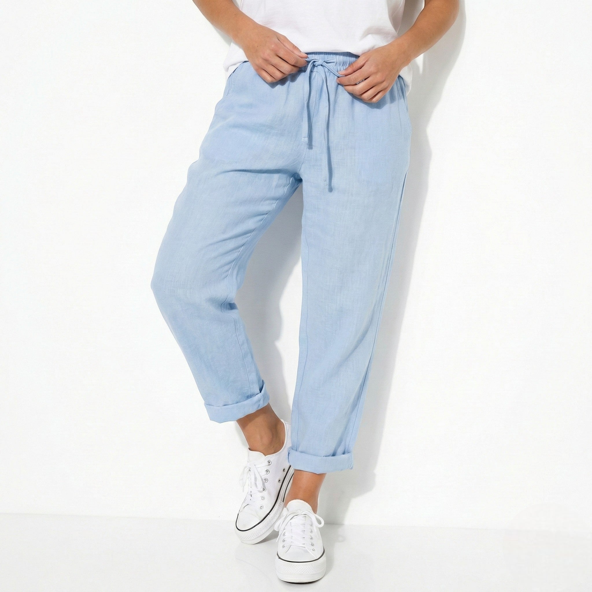 Amelia - Women’s Lightweight Drawstring Linen - Blend Trousers - Jogger Pants - Light Blue - Jones & Smith