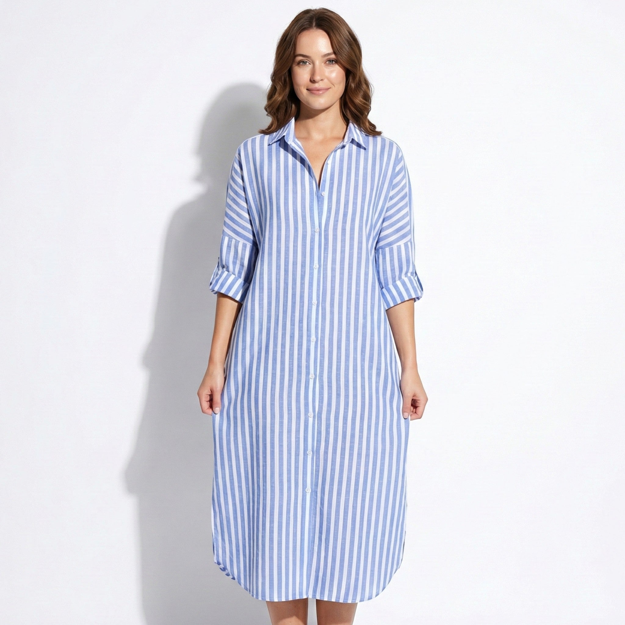 Amelia - Women's Striped Maxi Shirt Dress with Button Placket - Dress - Blue - Jones & Smith