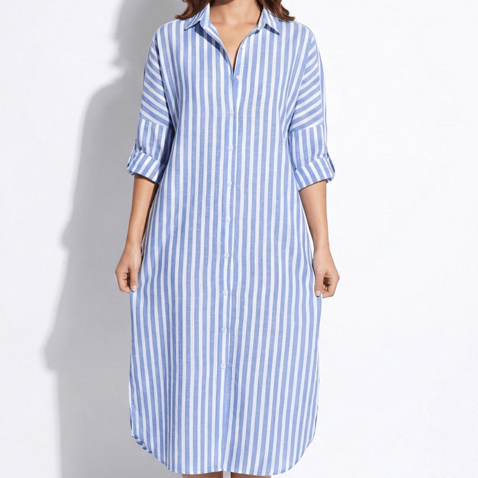 Amelia - Women's Striped Maxi Shirt Dress with Button Placket - Dress - Blue - Jones & Smith