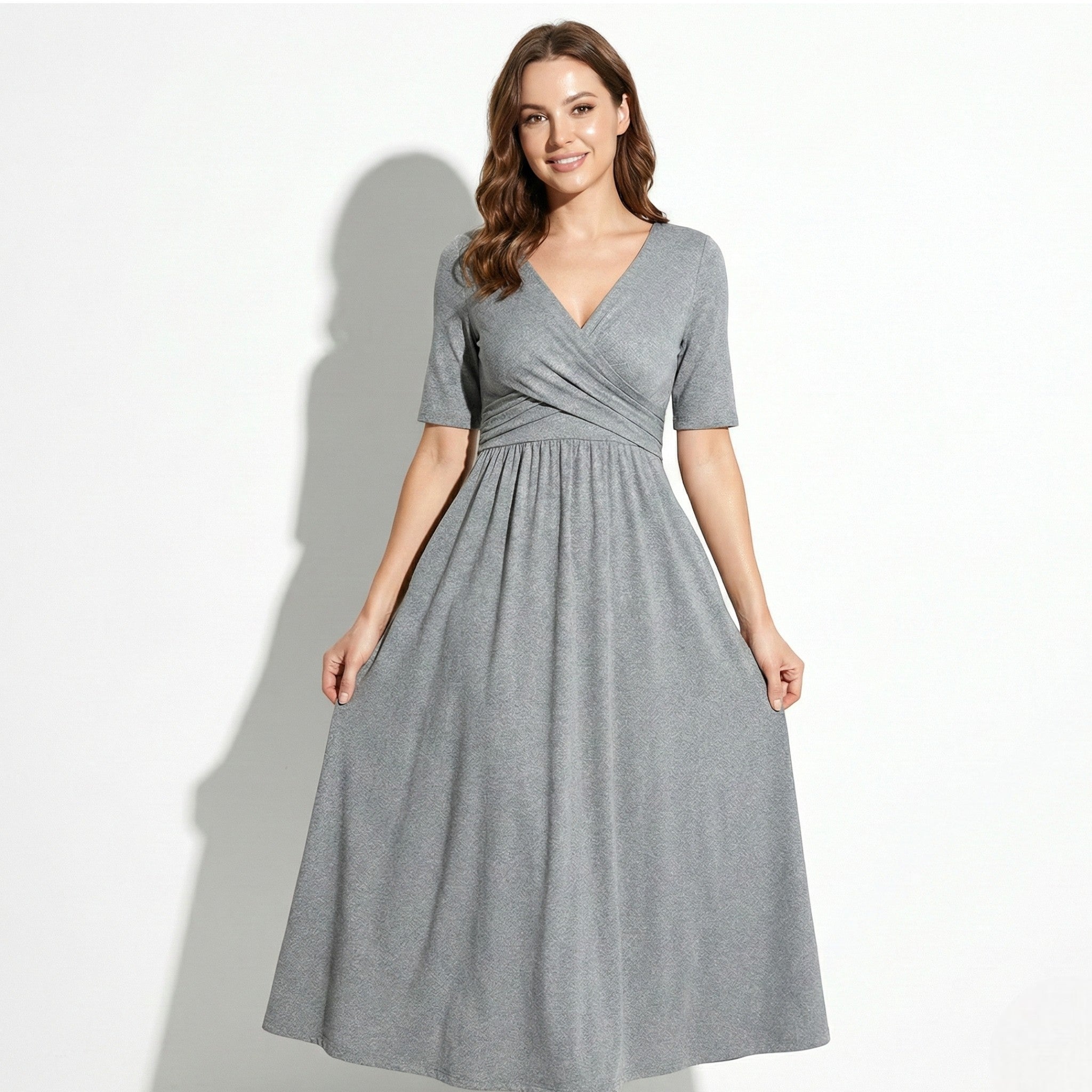 Amelia - Women's V - Neck Mid - Sleeve Flared Maxi Dress - Women Dress - Grey - Jones & Smith
