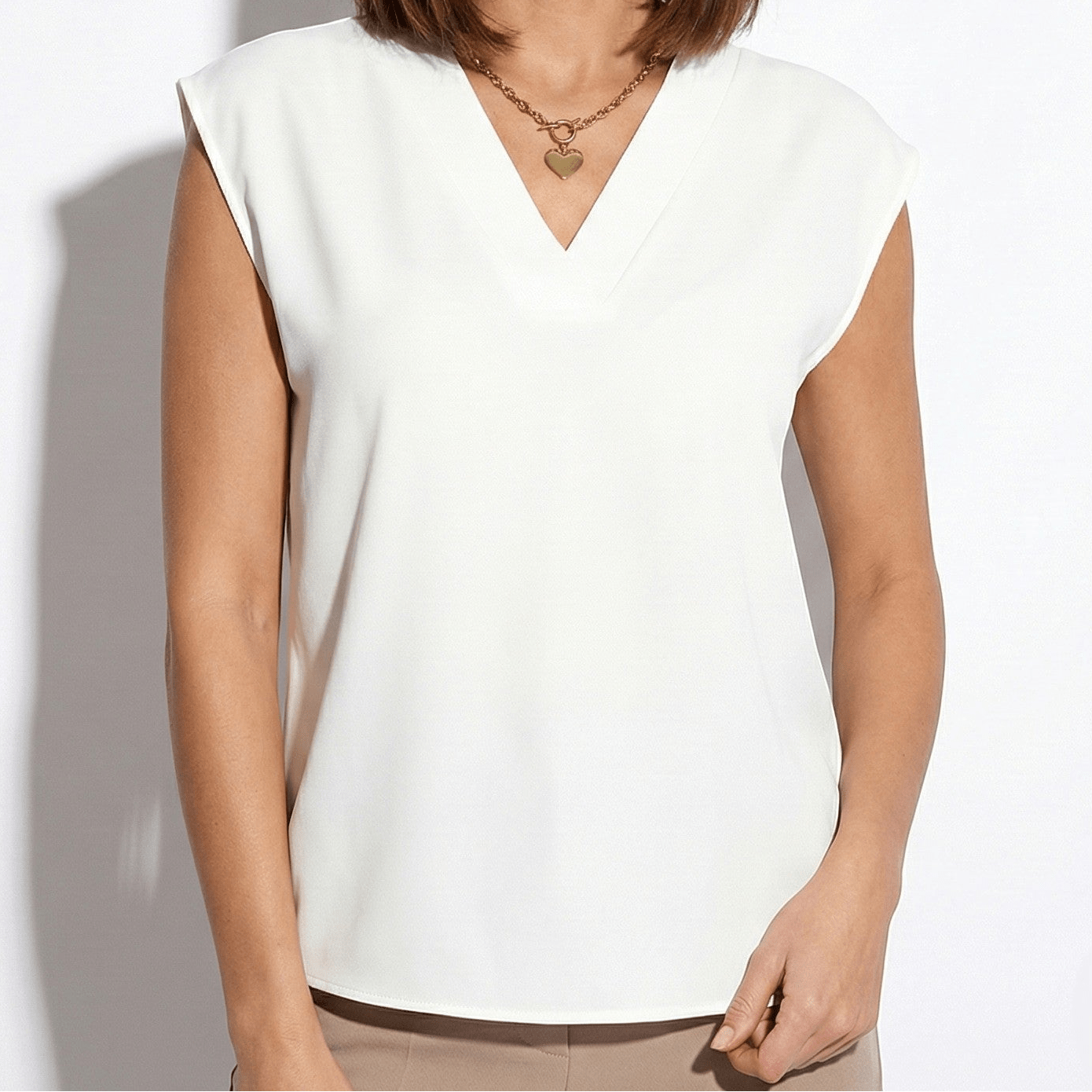 Amelia - Women's V - Neck Short - Sleeved Blouse with Wide Trim - Women Top - White - Jones & Smith