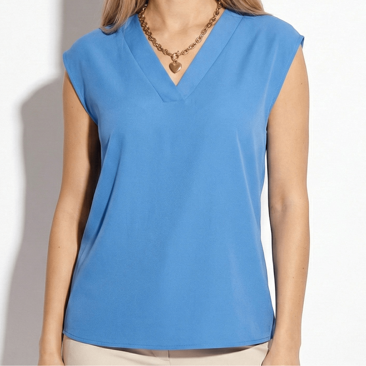 Amelia - Women's V - Neck Short - Sleeved Blouse with Wide Trim - Women Top - Blue - Jones & Smith