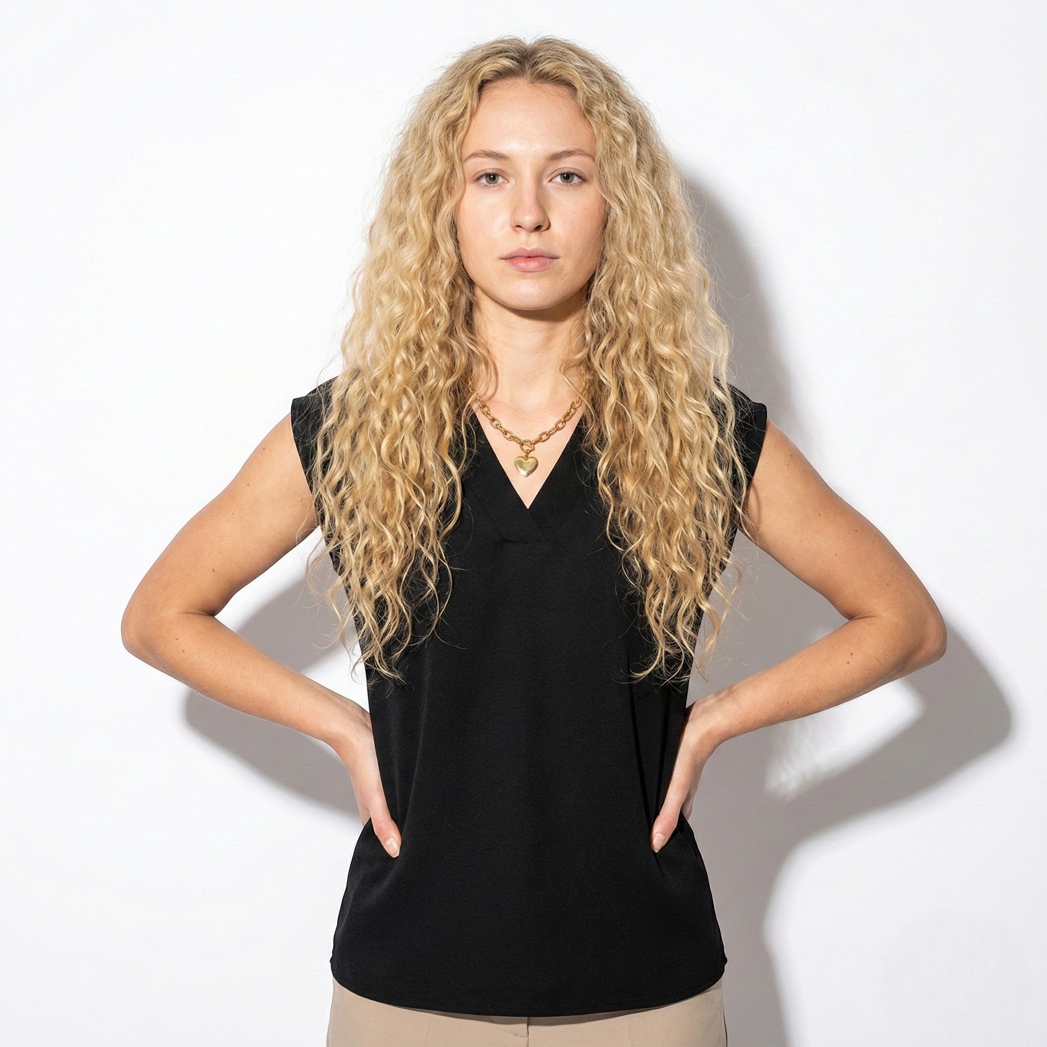 Amelia - Women's V - Neck Short - Sleeved Blouse with Wide Trim - Women Top - Black - Jones & Smith