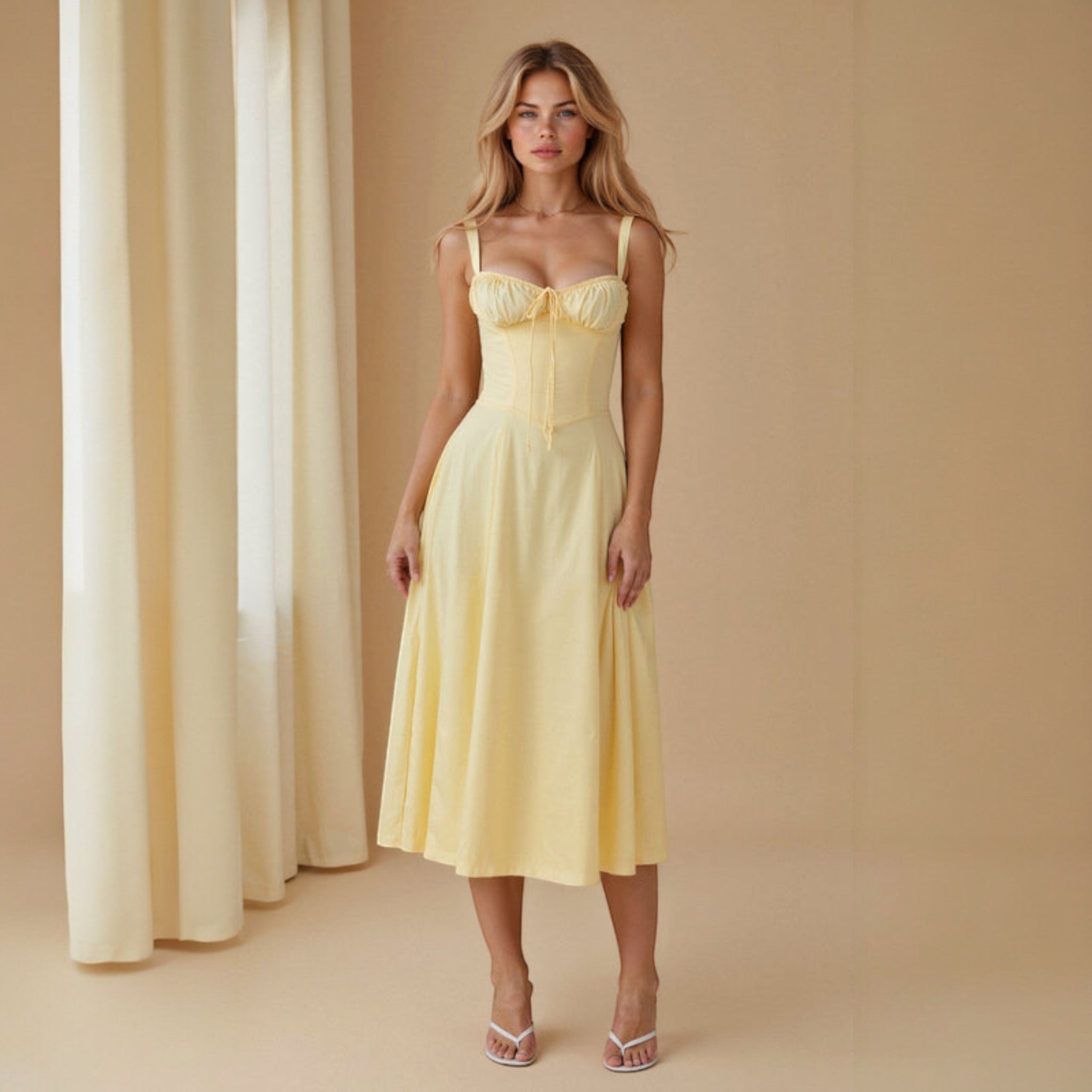 Anna - Women's Corset Midi Dress with Flattering Fit - Dress - Yellow - Jones & Smith