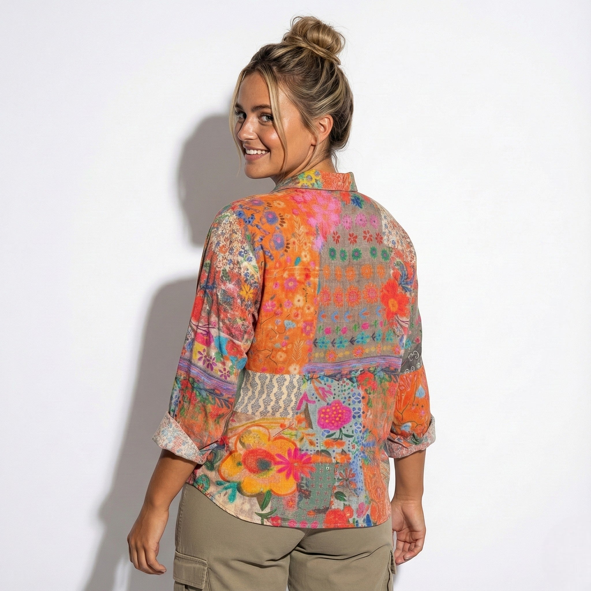 Anna - Women's Lightweight Floral Buttoned Cotton Shirt - Tops, T-shirts & Shirts - Orange - Jones & Smith