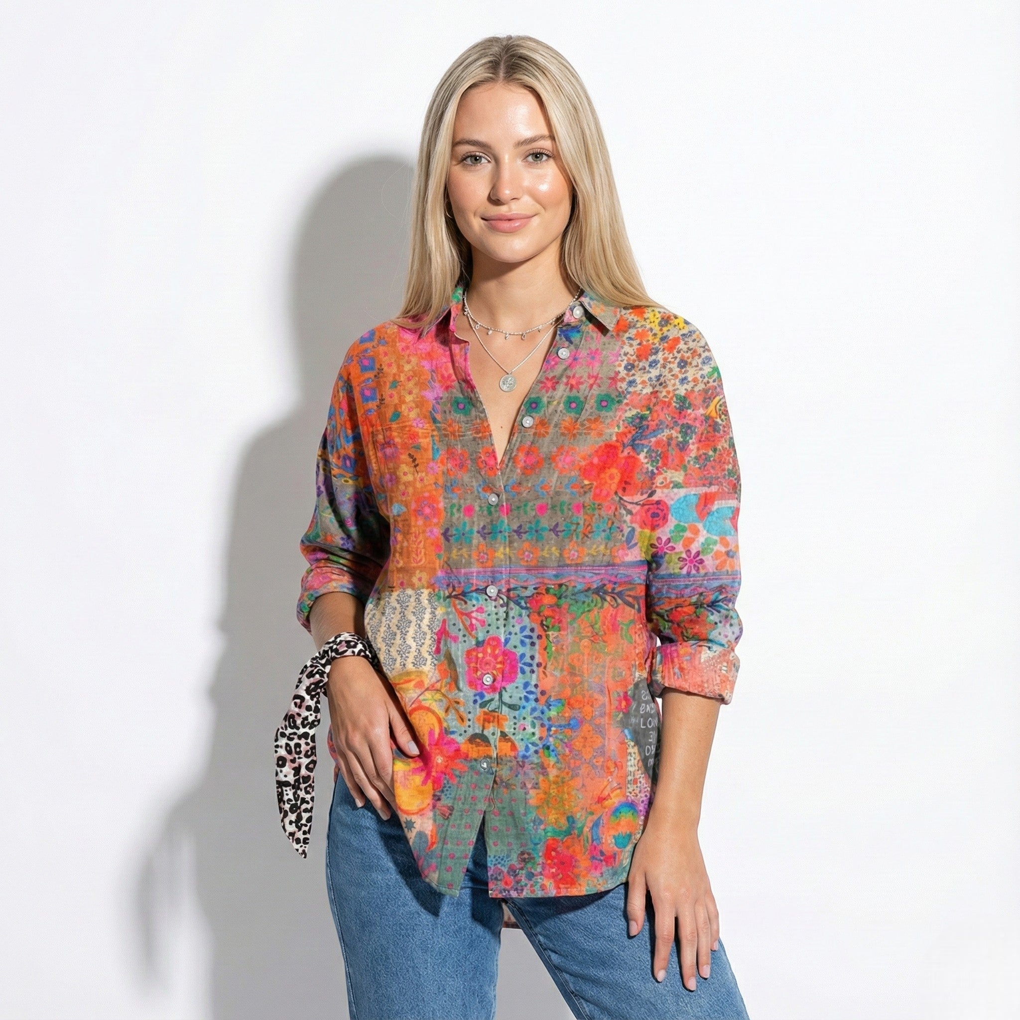 Anna - Women's Lightweight Floral Buttoned Cotton Shirt - Tops, T-shirts & Shirts - Orange - Jones & Smith