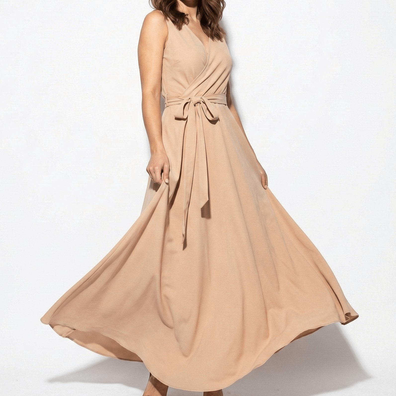 Anna - Women's V - Neck Maxi Dress with Tie Waist - Dress - Khaki - Jones & Smith