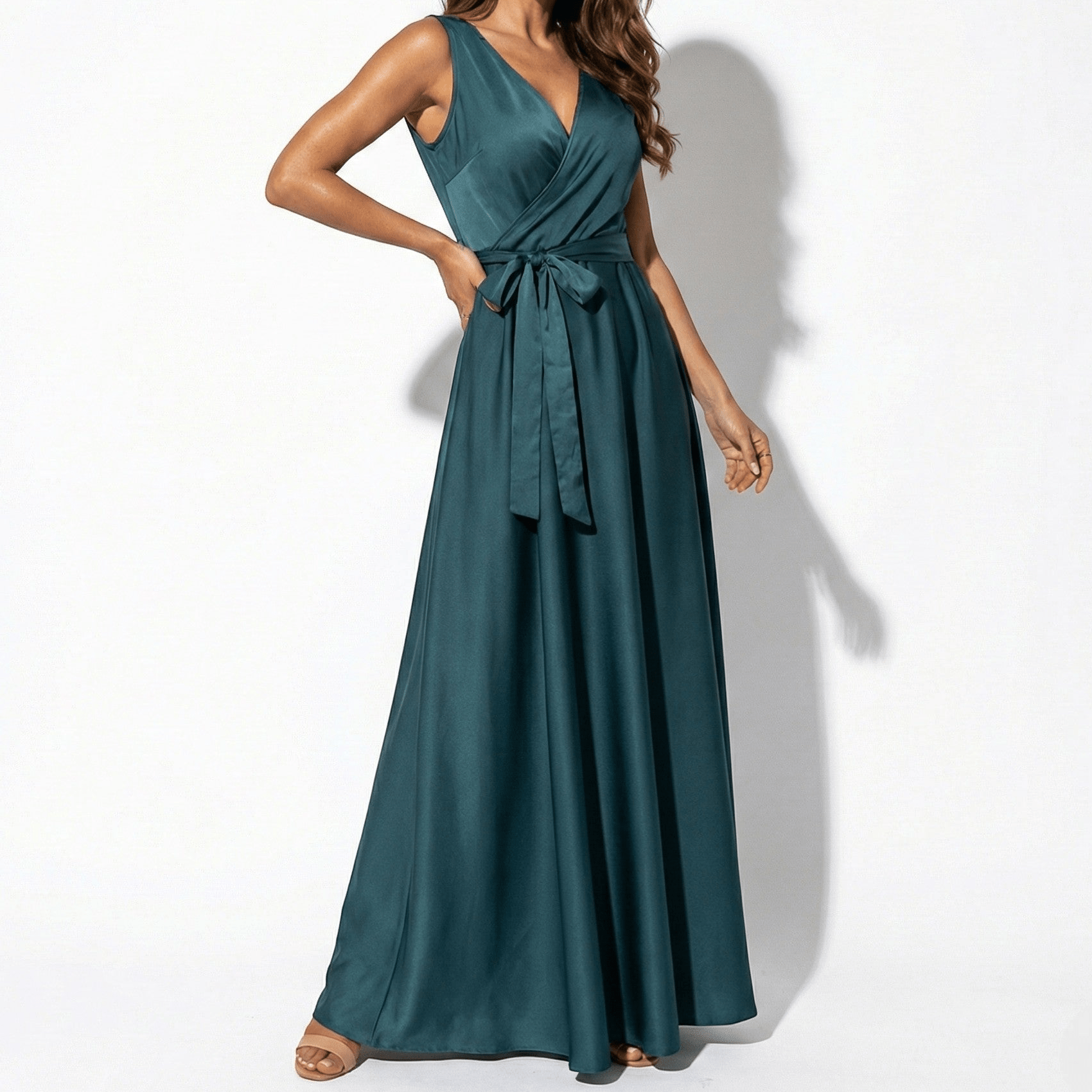 Anna - Women's V - Neck Maxi Dress with Tie Waist - Dress - Dark Green - Jones & Smith