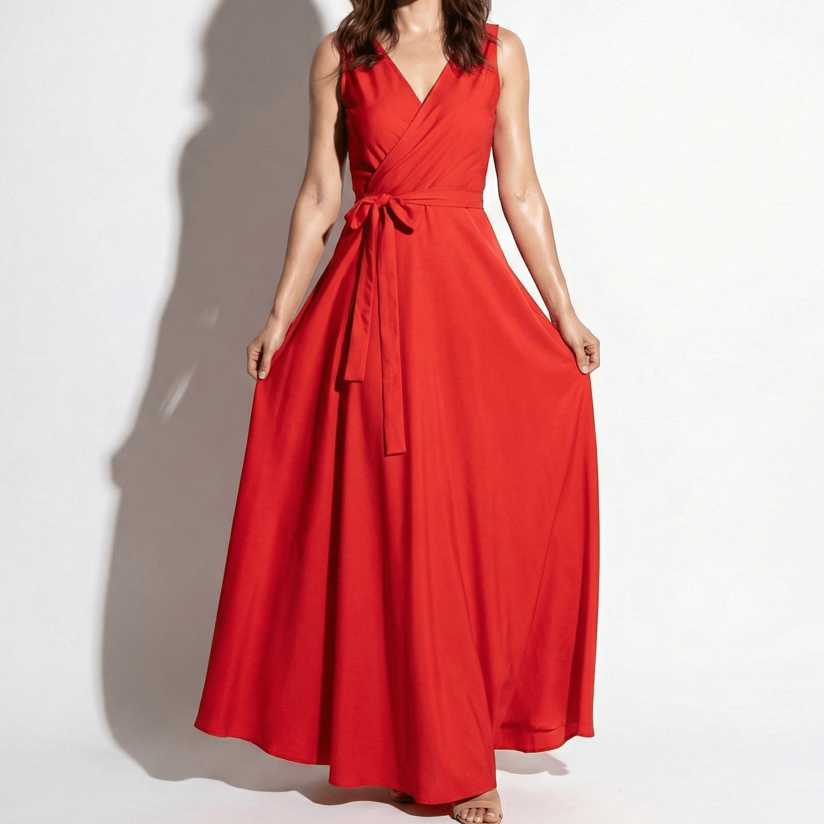 Anna - Women's V - Neck Maxi Dress with Tie Waist - Dress - Red - Jones & Smith